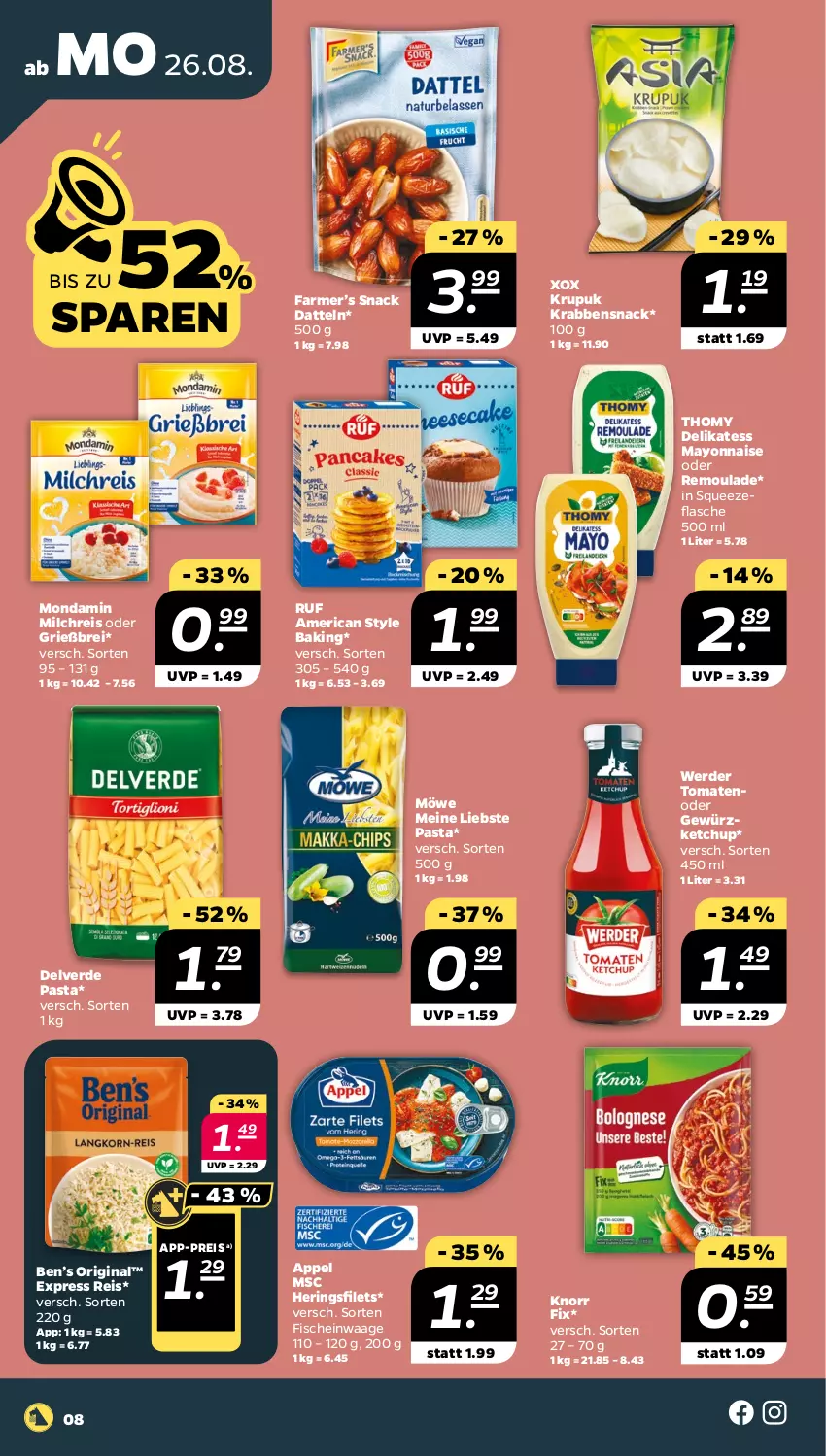 Aktueller Prospekt Netto - Woche 35 - von 26.08 bis 31.08.2024 - strona 8 - produkty: Ben’s Original, Brei, Datteln, eis, erde, filet, filets, fisch, fische, flasche, gewürz, gewürzketchup, gin, hering, Herings, heringsfilets, ketchup, knorr, knorr fix, mayonnaise, milch, milchreis, mondamin, pasta, reis, remoulade, ring, snack, thomy, tomate, tomaten, Waage, Yo