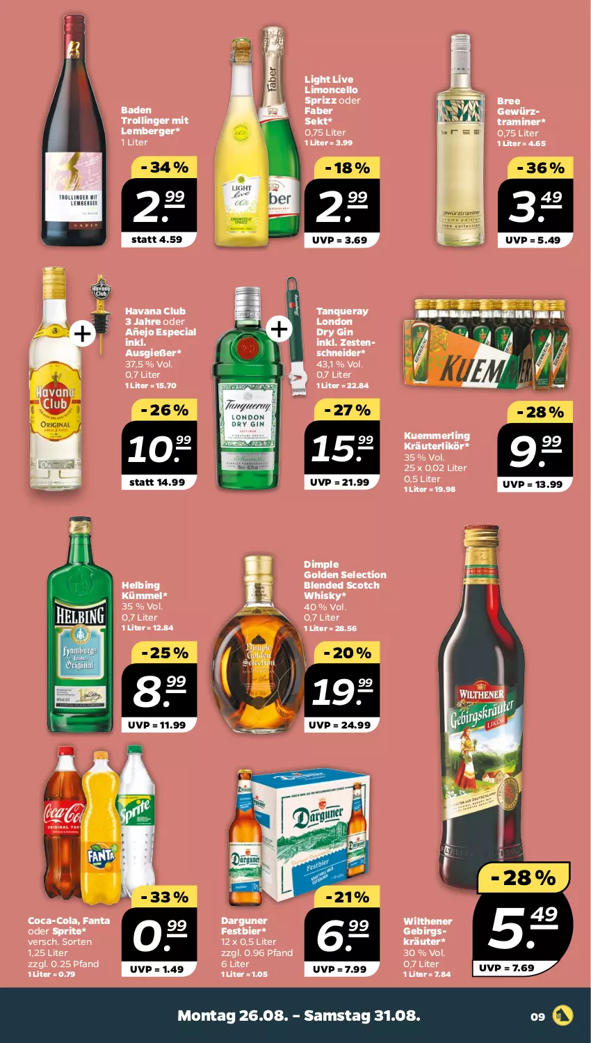 Aktueller Prospekt Netto - Woche 35 - von 26.08 bis 31.08.2024 - strona 9 - produkty: Bad, Berger, bier, blended scotch, blended scotch whisky, bree, coca-cola, cola, dry gin, fanta, fanta oder, fanta oder sprite, gewürz, gin, Havana Club, kräuter, kräuterlikör, kuemmerling, likör, limo, london dry, london dry gin, merl, oder sprite, scotch, scotch whisky, sekt, sprite, Sprizz, Tanqueray, Ti, trolli, trollinger, whisky, wilthener