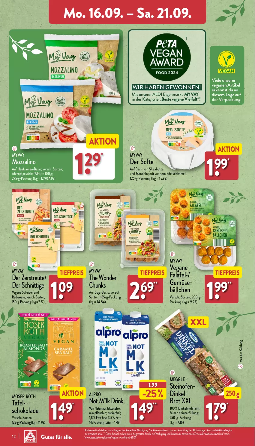 Aktueller Prospekt Aldi Nord - Von Montag - von 16.09 bis 21.09.2024 - strona 12 - produkty: aldi, alpro, brot, butter, Dinkelbrot, dinkelmehl, drink, eis, Falafel, gin, kräuter, mandel, mandeln, meggle, mehl, moser, Moser Roth, natur, Ofen, reis, schoko, schokolade, Sheabutter, soja, steinofen, tafelschokolade, Ti, tiefpreis, ZTE, zucker