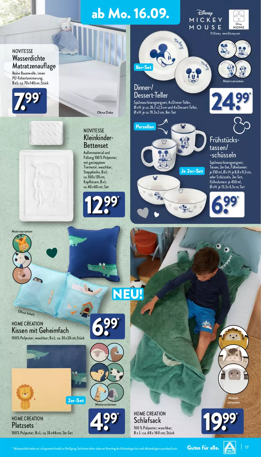 Aktueller Prospekt Aldi Nord - Von Montag - von 16.09 bis 21.09.2024 - strona 17 - produkty: Bau, baumwolle, bett, Betten, decke, dell, dessert, disney, elle, gin, Kinder, Kinderbett, Kinderbetten, kissen, kopfkissen, matratze, matratzen, matratzenauflage, Mode, reine baumwolle, Ria, sac, schlafsack, schüssel, spülmaschinen, Steppdecke, tasse, teller, Ti, wasser, wolle, ZTE