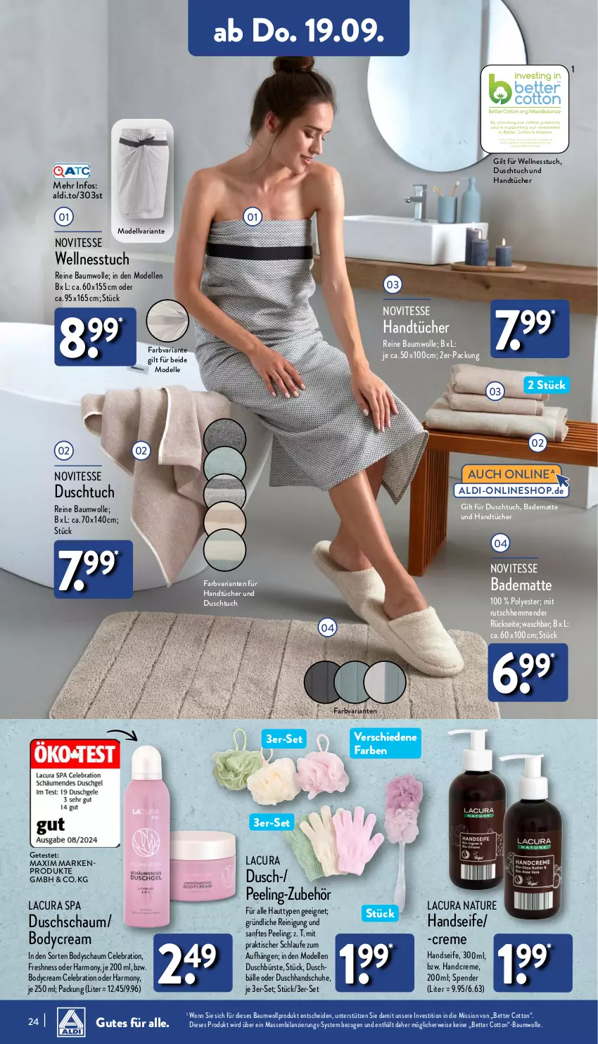 Aktueller Prospekt Aldi Nord - Von Montag - von 16.09 bis 21.09.2024 - strona 24 - produkty: aldi, Bad, badematte, Bau, baumwolle, bett, body, bürste, creme, dell, duschtuch, eis, elle, handcreme, handschuhe, Handseife, handtücher, Mode, natur, Peeling, reine baumwolle, Reinigung, Ria, rwe, schuhe, Seife, Ti, tisch, tuc, tücher, Wellnesstuch, wolle