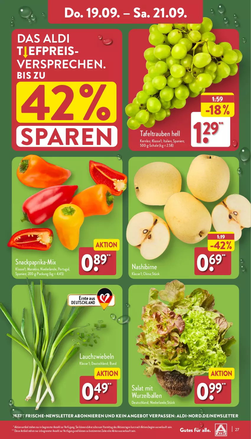 Aktueller Prospekt Aldi Nord - Von Montag - von 16.09 bis 21.09.2024 - strona 27 - produkty: aldi, angebot, ball, eis, gin, Lauchzwiebel, lauchzwiebeln, Nashi, paprika, reis, salat, Schal, Schale, snack, tafeltrauben, Ti, trauben, ZTE, zwiebel, zwiebeln