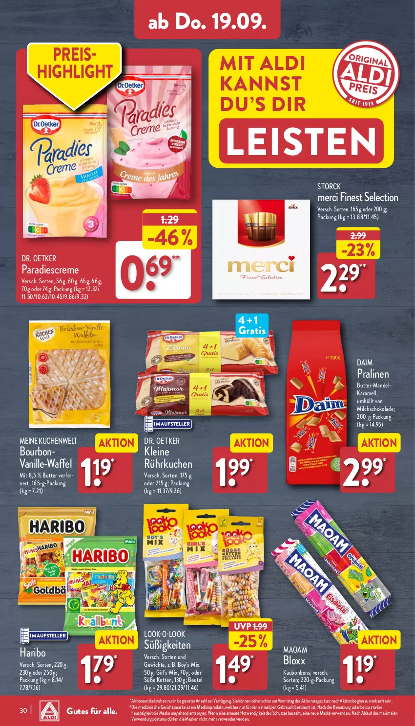 Aktueller Prospekt Aldi Nord - Von Montag - von 16.09 bis 21.09.2024 - strona 30 - produkty: aldi, beutel, bonbons, bourbon, bourbonvanille, butter, creme, daim, Dr. Oetker, eis, elle, erde, Gesichtsmaske, gin, haribo, karamell, Kette, kuchen, leine, mandel, maoam, Maske, medizinprodukt, merci, milch, pralinen, Rauch, reis, rwe, schoko, schokolade, storck, teller, Ti, vanille, ZTE