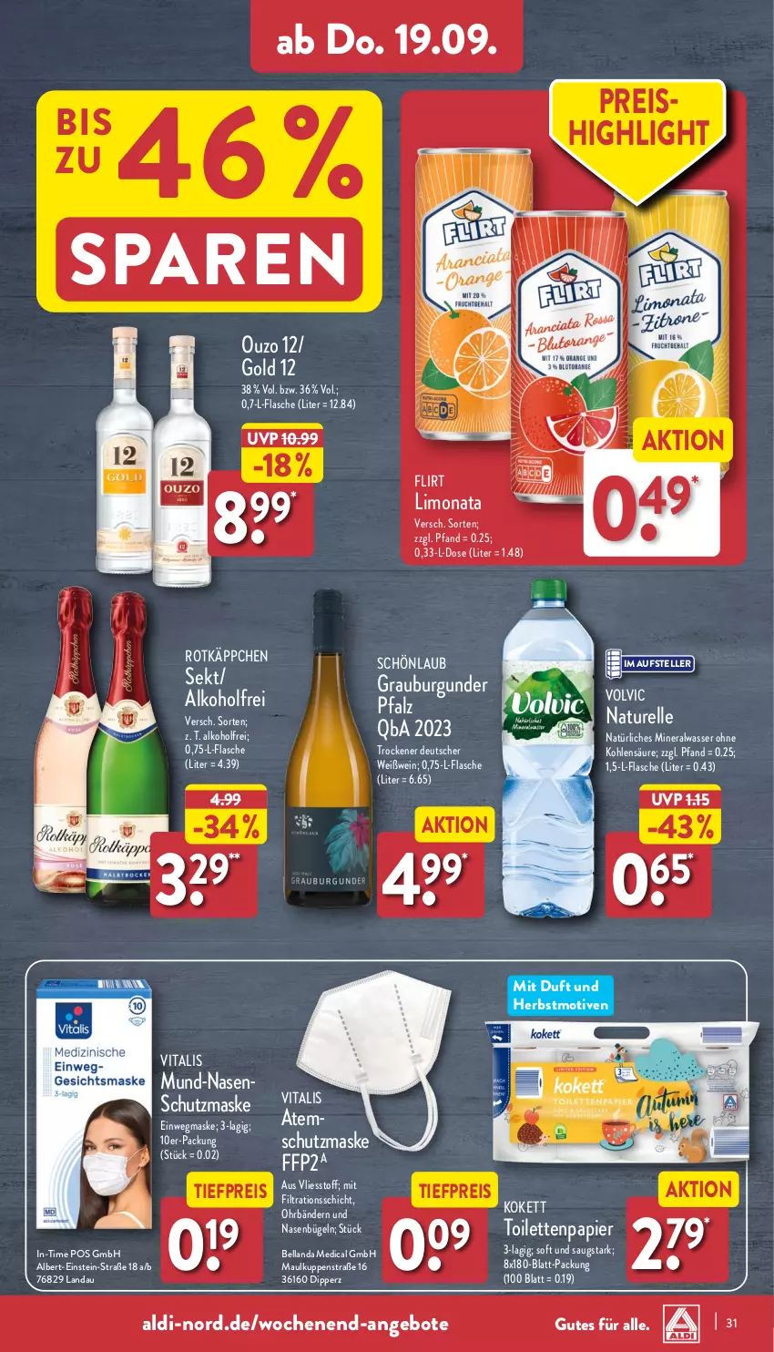 Aktueller Prospekt Aldi Nord - Von Montag - von 16.09 bis 21.09.2024 - strona 31 - produkty: aldi, alkohol, Alwa, angebot, angebote, Atemschutzmaske, bügel, burgunder, dip, Einwegmaske, eis, elle, FFP2, flasche, grauburgunder, limo, Maske, mineralwasser, natur, natürliches mineralwasser, ouzo, ouzo 12, papier, reis, rel, rotkäppchen, sekt, teller, Ti, tiefpreis, toilettenpapier, vita, vitalis, volvic, wasser, wein, Weißwein