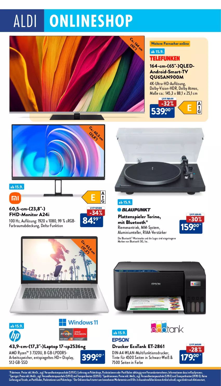 Aktueller Prospekt Aldi Nord - Von Montag - von 16.09 bis 21.09.2024 - strona 32 - produkty: drucker, eis, elle, fernseher, Laptop, latte, mab, monitor, multifunktionsdrucker, ndk, qled, reis, Ria, ryzen, Schal, Schale, spiegel, Spiele, Sport, ssd, teller, Ti, uhr