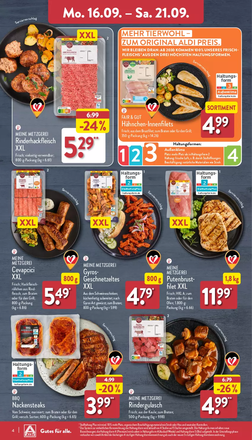 Aktueller Prospekt Aldi Nord - Von Montag - von 16.09 bis 21.09.2024 - strona 4 - produkty: aldi, bio, braten, brustfilet, cevapcici, eis, filet, filets, fleisch, geschnetzeltes, gewürz, gin, grill, gulasch, gyros, hackfleisch, Hähnchen-Innenfilets, Heu, küche, Küchen, Nackensteak, nackensteaks, Ofen, pute, putenbrust, putenbrustfilet, reis, Ria, rind, rinder, rindergulasch, rinderhackfleisch, rindfleisch, rwe, schinken, schwein, schweine, steak, steaks, Ti, wein, weine, Zelt