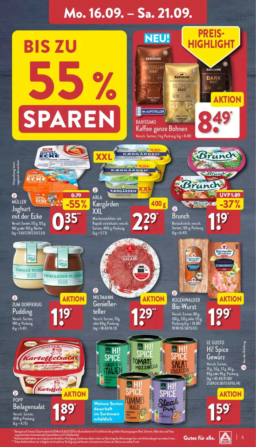 Aktueller Prospekt Aldi Nord - Von Montag - von 16.09 bis 21.09.2024 - strona 5 - produkty: aldi, arla, auer, aufstrich, Becher, bio, bohne, bohnen, brot, brotaufstrich, eis, elle, fleisch, gewürz, gin, ilag, joghur, joghurt, joghurt mit der ecke, Kærgården, kaffee, kaffee ganze bohnen, Müller, Popp, pudding, pute, rapsöl, reis, rind, rügenwalder, salat, schwein, sim, Spezi, Streichzart, teller, Ti, wein, wiltmann, wurst, ZTE, Zum Dorfkrug