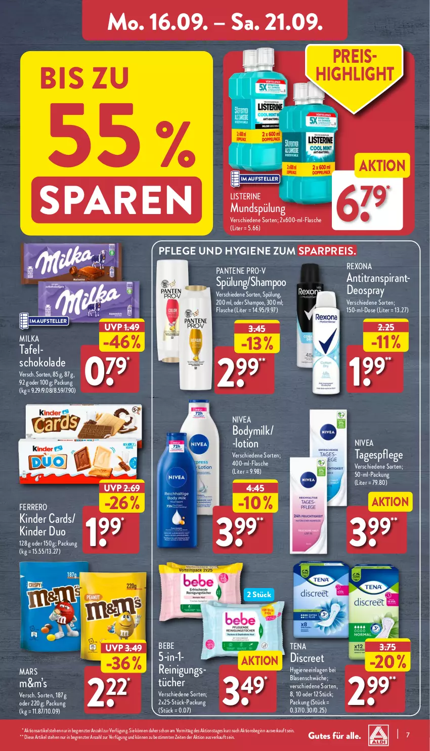 Aktueller Prospekt Aldi Nord - Von Montag - von 16.09 bis 21.09.2024 - strona 7 - produkty: Antitranspirant, Bebe, body, Bodymilk, deo, deospray, Discreet, eis, elle, ferrero, flasche, gin, Kinder, listerine, Lotion, mars, milka, mundspülung, nivea, pantene, pantene pro-v, pro-v, Reinigung, reinigungstücher, reis, rexona, schoko, schokolade, shampoo, spülung, tafelschokolade, Tagespflege, teller, Ti, tücher, ZTE