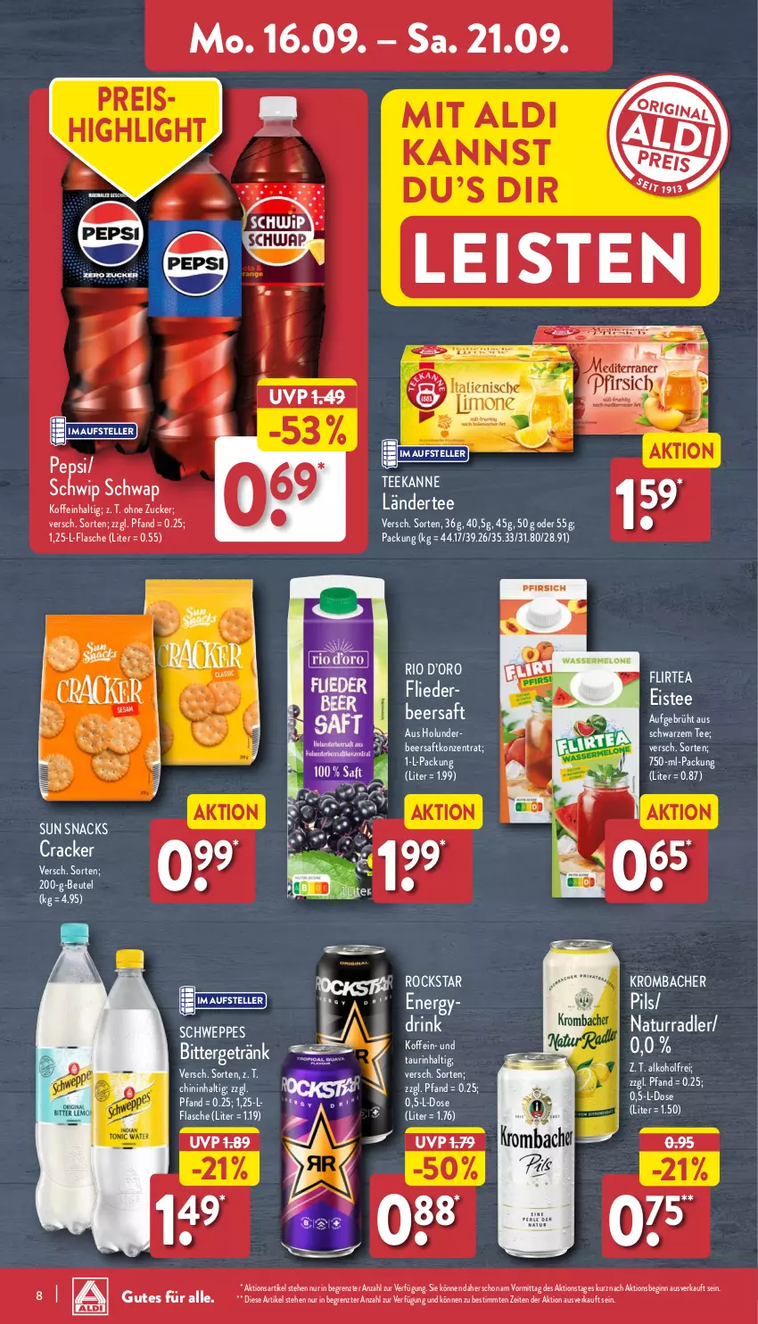 Aktueller Prospekt Aldi Nord - Von Montag - von 16.09 bis 21.09.2024 - strona 8 - produkty: aldi, alkohol, beutel, cracker, drink, eis, eistee, elle, flasche, flieder, getränk, gin, holunder, krombache, krombacher, Ländertee, natur, pepsi, pils, radler, reis, Rockstar, saft, schweppes, Schwip Schwap, snack, snacks, Sun Snacks, tee, teekanne, teller, Ti, ZTE, zucker