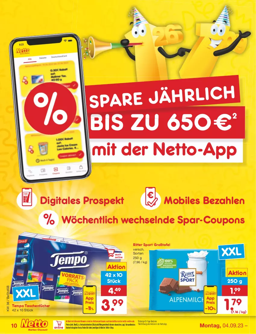 Aktueller Prospekt Netto Marken-Discount - Filial-Angebote - von 04.09 bis 09.09.2023 - strona 10 - produkty: bestpreis, coupon, coupons, eis, ndk, reis, ritter, ritter sport, Sport, Tasche, taschen, taschentücher, Tempo, Ti, tücher