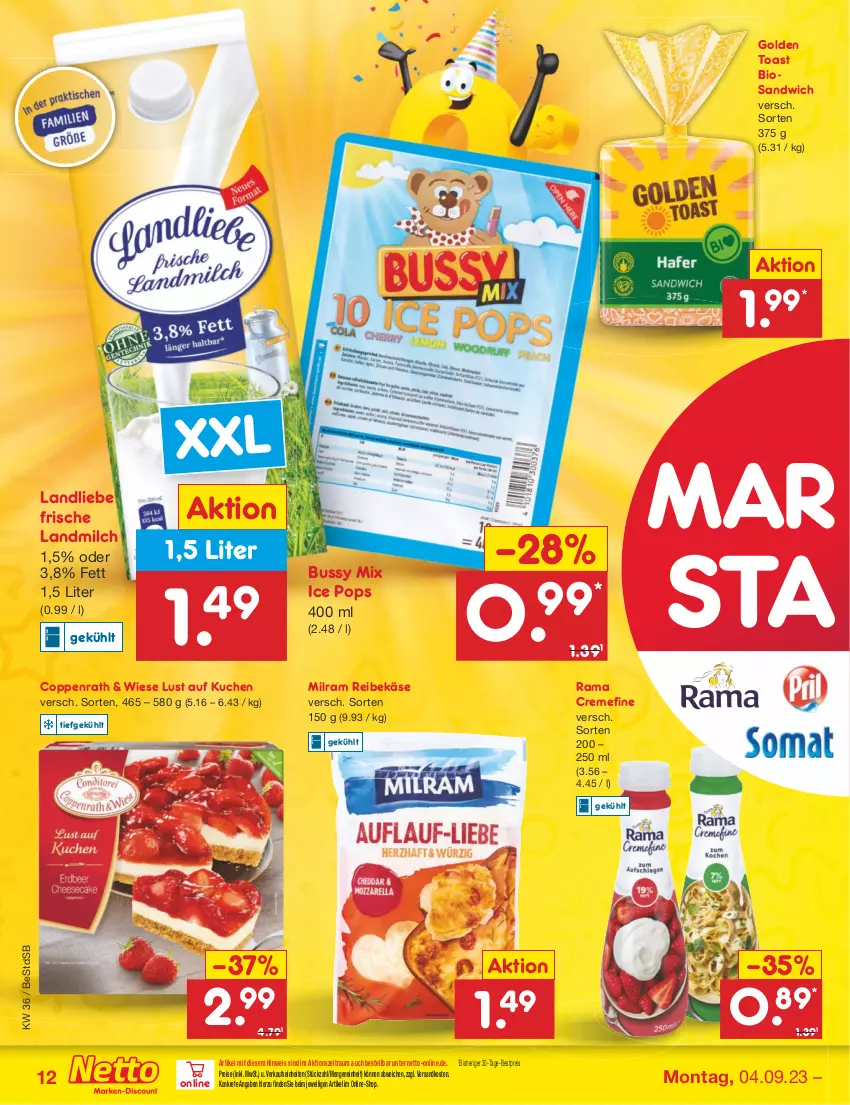 Aktueller Prospekt Netto Marken-Discount - Filial-Angebote - von 04.09 bis 09.09.2023 - strona 12 - produkty: bestpreis, bio, coppenrath, creme, eis, golden toast, Käse, kuchen, landliebe, landmilch, Lust auf Kuchen, milch, milram, ndk, rama, rama cremefine, Reibekäse, reis, sandwich, Ti, toast