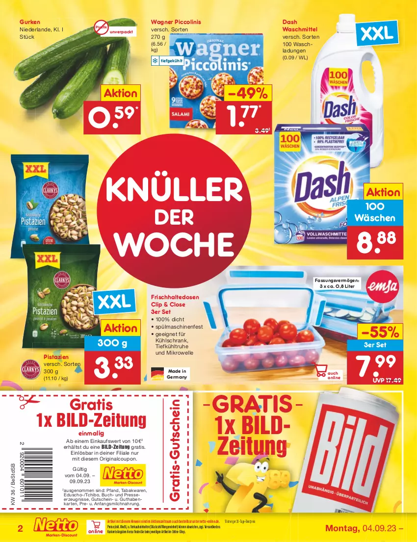 Aktueller Prospekt Netto Marken-Discount - Filial-Angebote - von 04.09 bis 09.09.2023 - strona 2 - produkty: asti, bestpreis, buch, coupon, eduscho, eis, elle, frischhaltedosen, Germ, gin, gurke, gurken, guthabenkarte, gutschein, kühlschrank, mikrowelle, milch, ndk, piccolinis, pistazien, reis, Schrank, spülmaschinen, Tchibo, Ti, wagner, waschmittel