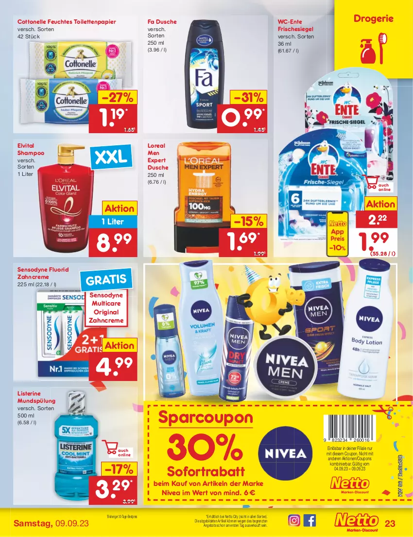 Aktueller Prospekt Netto Marken-Discount - Filial-Angebote - von 04.09 bis 09.09.2023 - strona 23 - produkty: angebot, bestpreis, cottonelle, coupon, coupons, creme, dusche, eis, elle, elvital, ente, feuchtes toilettenpapier, gin, listerine, loreal, mundspülung, nivea, papier, reis, sensodyne, sensodyne fluorid, shampoo, sofortrabatt, spülung, Ti, toilettenpapier, vita, zahncreme, ZTE