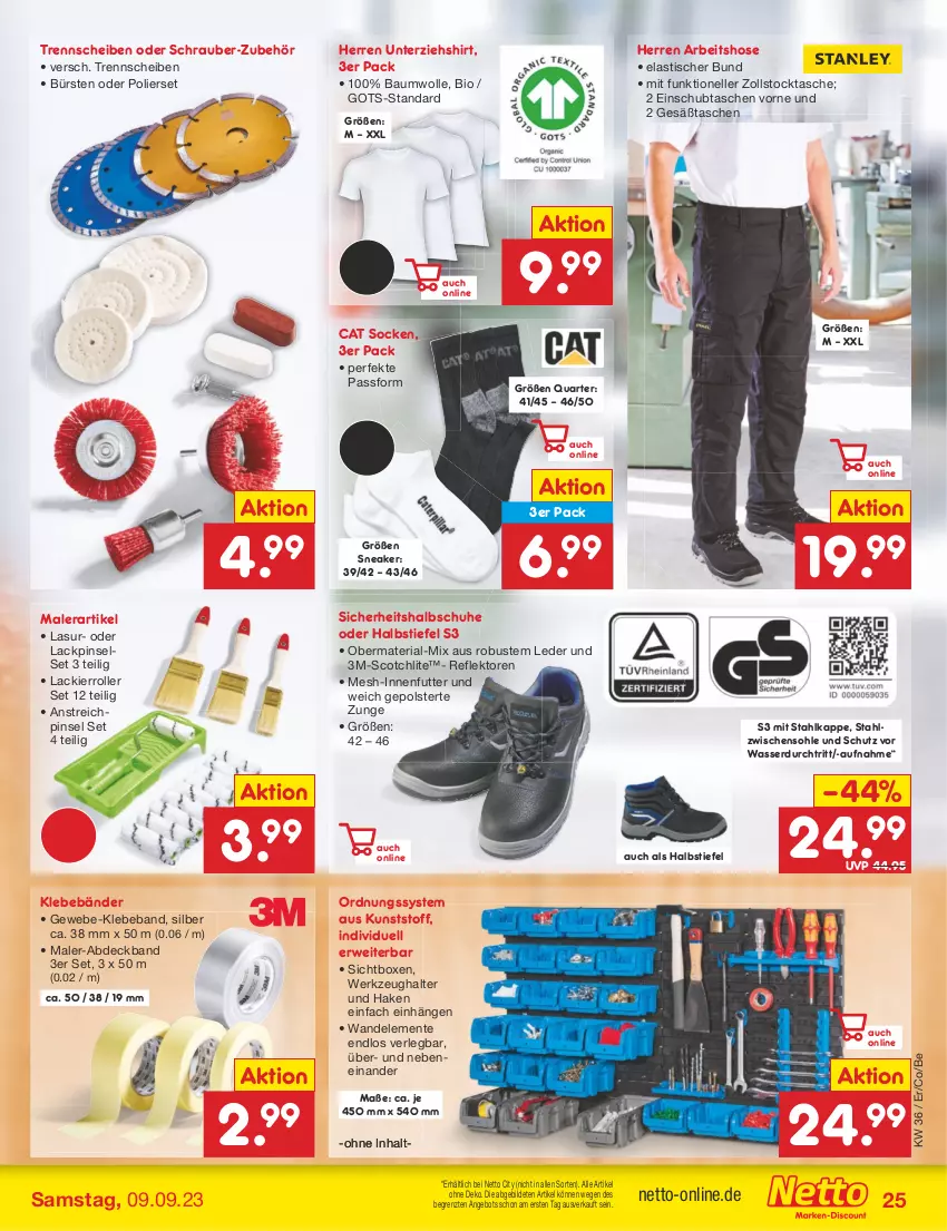 Aktueller Prospekt Netto Marken-Discount - Filial-Angebote - von 04.09 bis 09.09.2023 - strona 25 - produkty: angebot, asti, Bau, baumwolle, Beba, bio, bürste, bürsten, elle, ente, hose, HP, lack, Lackierroller, Pinsel, Pinselset, Ria, Roller, rwe, schuhe, scotch, shirt, sneaker, socken, Tasche, taschen, Ti, tisch, wasser, werkzeug, Werkzeughalter, wolle, ZTE