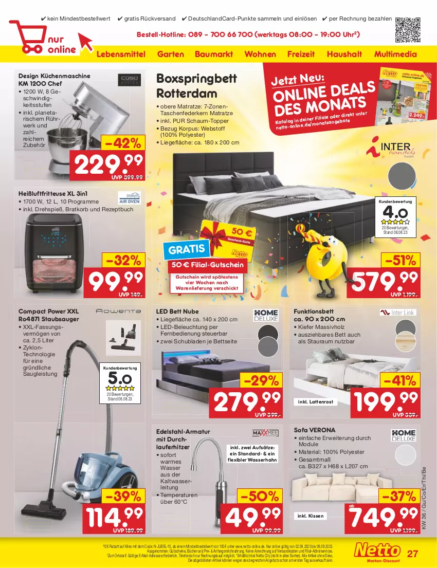 Aktueller Prospekt Netto Marken-Discount - Filial-Angebote - von 04.09 bis 09.09.2023 - strona 27 - produkty: angebot, angebote, armatur, Bau, beleuchtung, bett, boxspringbett, buch, deutschlandcard, edelstahl, eis, federkern, fernbedienung, fritteuse, Garten, gutschein, gutscheine, Heißluftfritteuse, Holz, kissen, korb, küche, Küchen, küchenmaschine, latte, lattenrost, lebensmittel, led-beleuchtung, Liege, massivholz, matratze, milch, ndk, reis, rezept, Ria, ring, rwe, schubladen, Sofa, staubsauger, Tasche, taschen, telefon, Ti, topper, uhr, wasser, ZTE