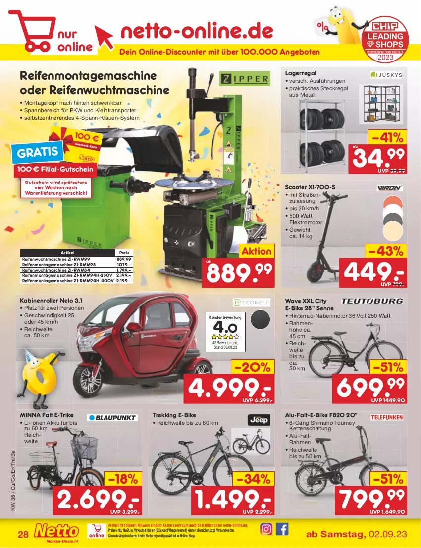 Aktueller Prospekt Netto Marken-Discount - Filial-Angebote - von 04.09 bis 09.09.2023 - strona 28 - produkty: akku, angebot, angebote, discount, E-Bike, Eckregal, eis, Elektro, gutschein, Kette, ndk, regal, reifen, reis, Roller, Schal, scooter, shimano, Sport, steckregal, Ti, tisch