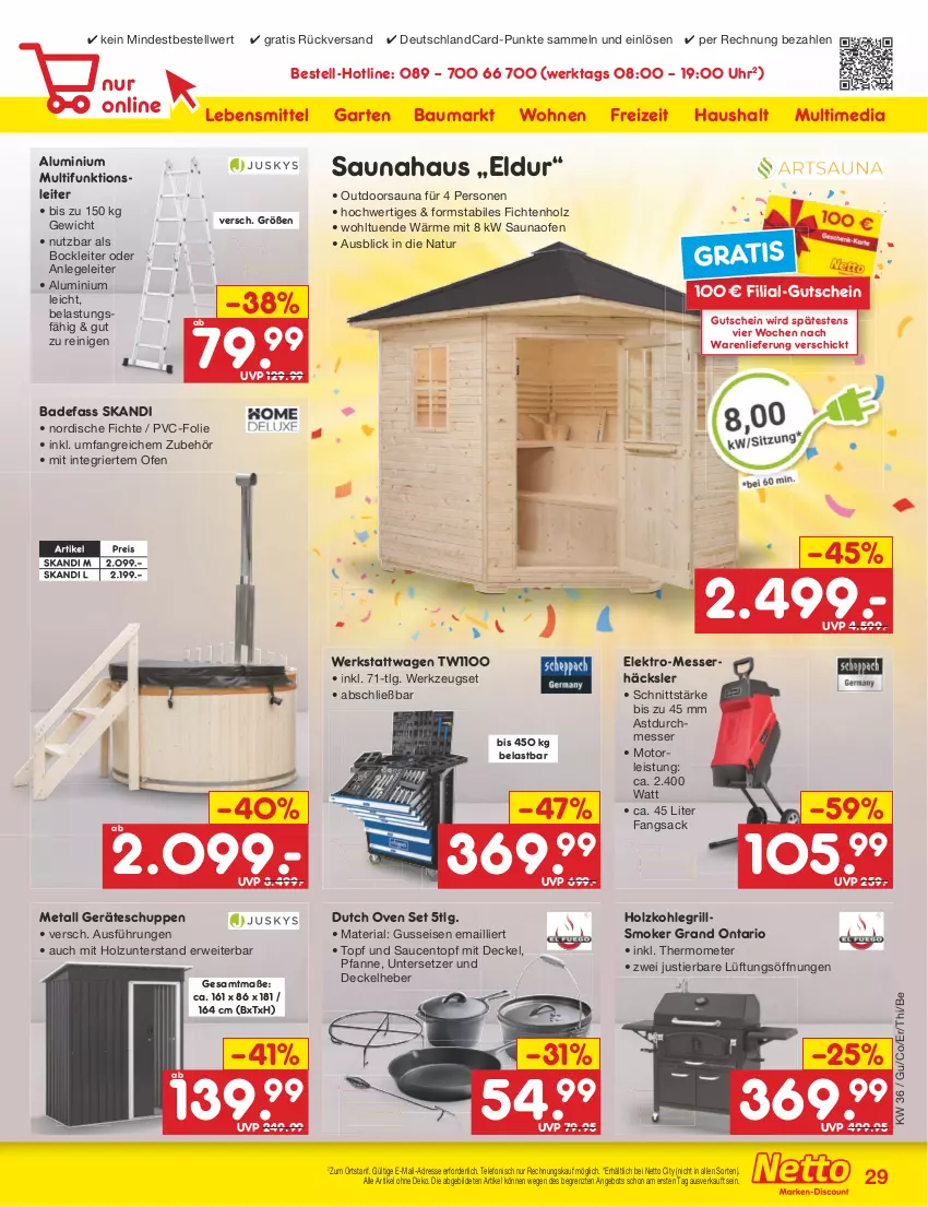 Aktueller Prospekt Netto Marken-Discount - Filial-Angebote - von 04.09 bis 09.09.2023 - strona 29 - produkty: angebot, Bad, Bau, decke, Deckel, deutschlandcard, eis, Elektro, Garten, grill, gutschein, Holz, holzkohle, holzkohlegrill, Kohlegrill, lebensmittel, LG, messer, natur, Ofen, pfanne, reis, Ria, rwe, sac, sauce, saucen, Stier, telefon, thermometer, Ti, topf, uhr, Untersetzer, usb, werkzeug, ZTE