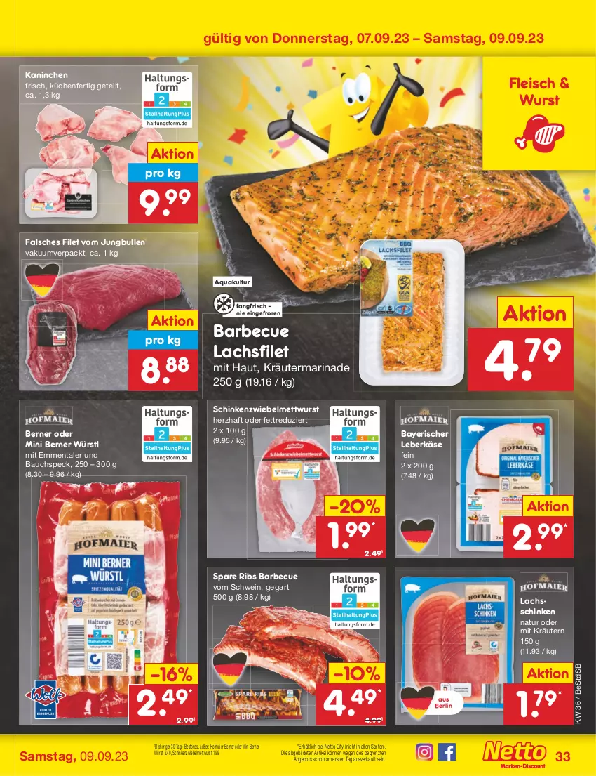 Aktueller Prospekt Netto Marken-Discount - Filial-Angebote - von 04.09 bis 09.09.2023 - strona 33 - produkty: angebot, aqua, barbecue, Bau, bestpreis, eis, emmentaler, Falsches Filet, filet, fleisch, jungbullen, Käse, kräuter, kräutern, küche, Küchen, lachs, lachsfilet, lachsschinken, leberkäs, leberkäse, marinade, Mett, mettwurst, natur, reis, schinken, schwein, spare ribs, Speck, Ti, wein, wurst, ZTE, zwiebel, zwiebelmettwurst