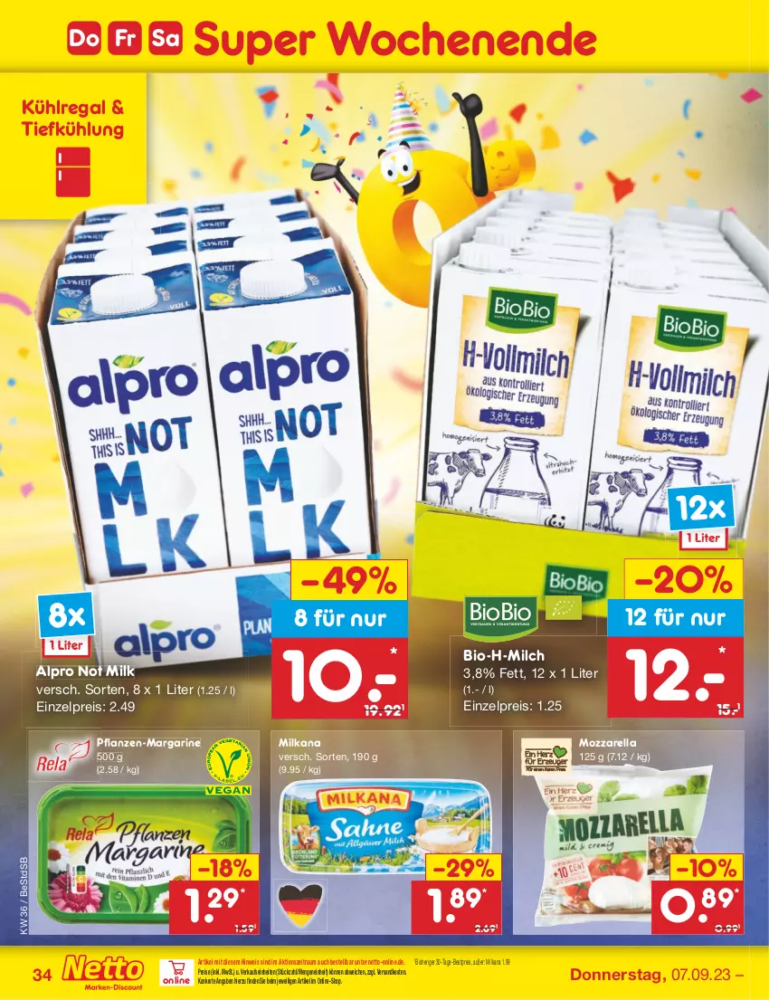 Aktueller Prospekt Netto Marken-Discount - Filial-Angebote - von 04.09 bis 09.09.2023 - strona 34 - produkty: alpro, bestpreis, bio, eis, kühlregal, margarine, milch, milka, milkana, mozzarella, ndk, pflanze, pflanzen, regal, reis, rel, Ti