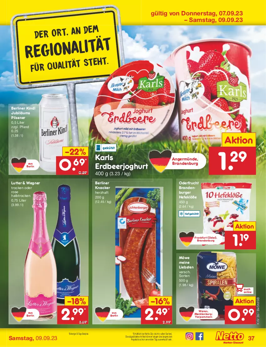 Aktueller Prospekt Netto Marken-Discount - Filial-Angebote - von 04.09 bis 09.09.2023 - strona 37 - produkty: angebot, berliner, berliner kindl, bestpreis, burger, eis, frucht, Germ, Hefe, joghur, joghurt, Jubiläums, knacker, pils, pilsener, reis, Ti, ZTE