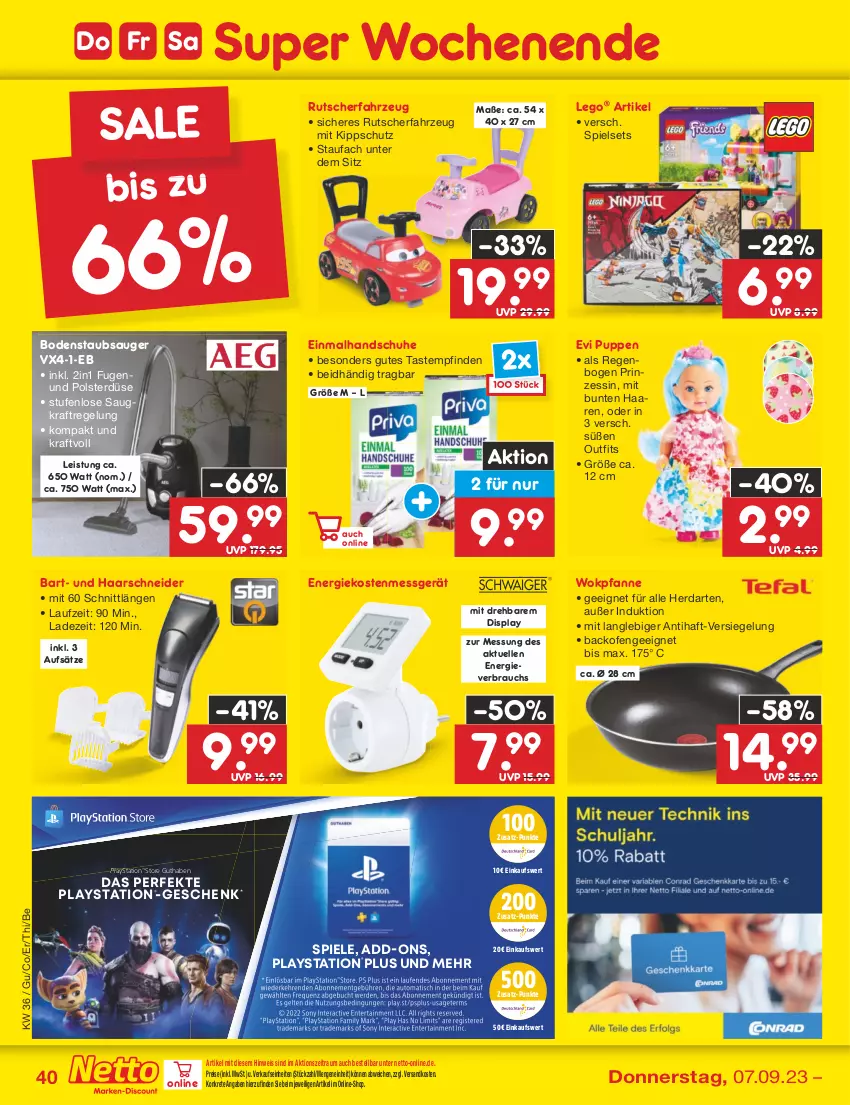 Aktueller Prospekt Netto Marken-Discount - Filial-Angebote - von 04.09 bis 09.09.2023 - strona 40 - produkty: auto, backofen, bodenstaubsauger, buch, eis, elle, ente, erde, haarschneider, handschuhe, herdarten, kraft, Laufen, lays, LEGO®, ndk, Ofen, pfanne, PlayStation, Puppe, Rauch, reis, schuhe, sony, Spiele, staubsauger, Ti, tisch, wok