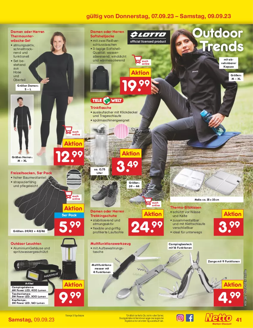 Aktueller Prospekt Netto Marken-Discount - Filial-Angebote - von 04.09 bis 09.09.2023 - strona 41 - produkty: angebot, aufbewahrungstasche, Bau, besteck, bestpreis, decke, Deckel, eis, flasche, Freizeitsocken, hose, Jacke, kissen, Lampe, laterne, Leuchte, leuchten, messer, reis, rwe, schuhe, sitzkissen, socken, spülmaschinen, Tasche, taschen, taschenlampe, Thermounterwäsche, Ti, Trekkingschuh, Trekkingschuhe, trinkflasche, Unterwäsche, wasser, werkzeug, ZTE