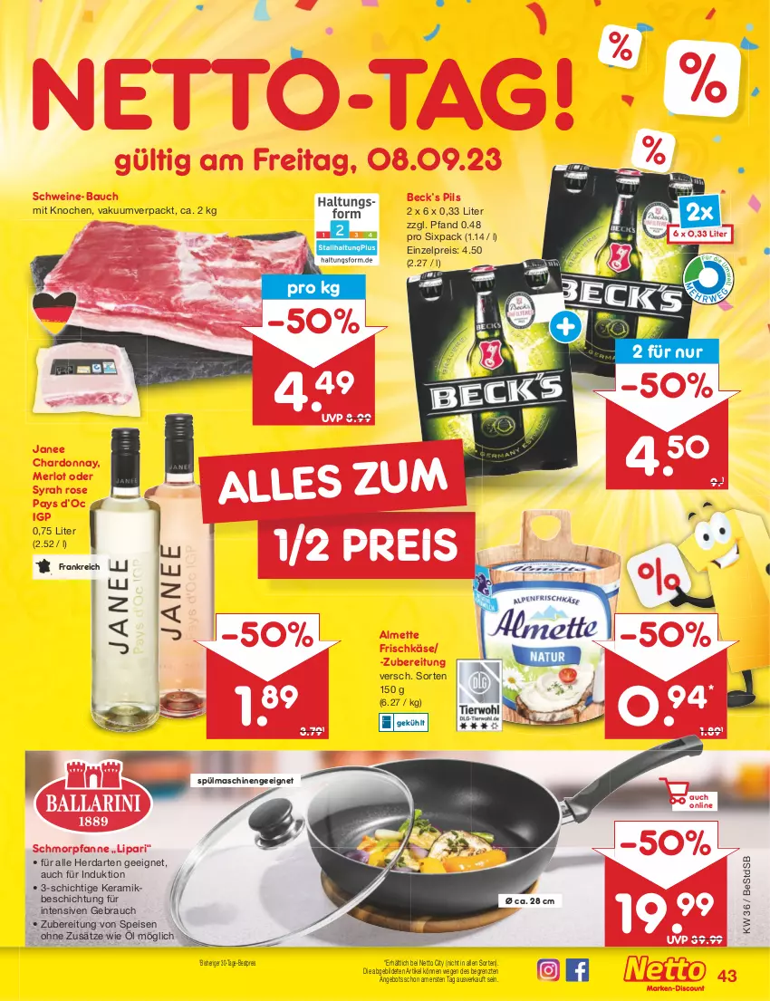 Aktueller Prospekt Netto Marken-Discount - Filial-Angebote - von 04.09 bis 09.09.2023 - strona 43 - produkty: almette, angebot, Bau, bestpreis, chardonnay, eis, frischkäse, herdarten, Käse, merl, merlot, Mett, pfanne, pils, Rauch, reis, schmorpfanne, schwein, schweine, schweine-bauch, spülmaschinen, Ti, wein, weine, ZTE