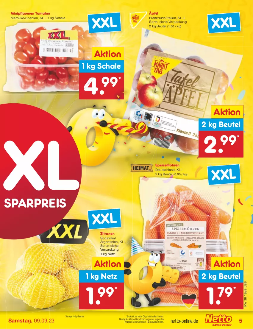 Aktueller Prospekt Netto Marken-Discount - Filial-Angebote - von 04.09 bis 09.09.2023 - strona 5 - produkty: angebot, bestpreis, beutel, eis, möhren, pflaume, pflaumen, reis, Schal, Schale, speisemöhren, Ti, tomate, tomaten, zitrone, zitronen, ZTE