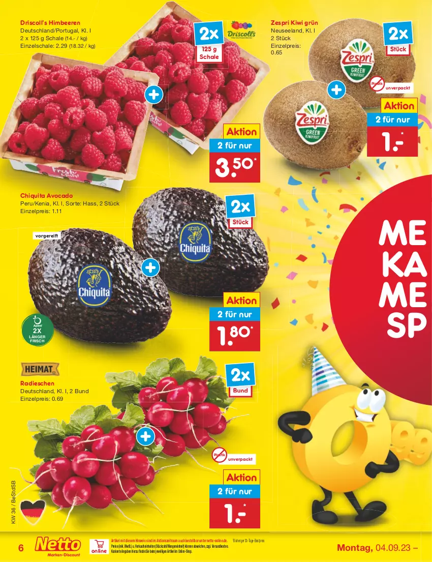 Aktueller Prospekt Netto Marken-Discount - Filial-Angebote - von 04.09 bis 09.09.2023 - strona 6 - produkty: asti, avocado, beere, beeren, bestpreis, chiquita, eis, Elan, himbeer, himbeere, himbeeren, kiwi, ndk, radieschen, reis, Schal, Schale, Ti, zespri