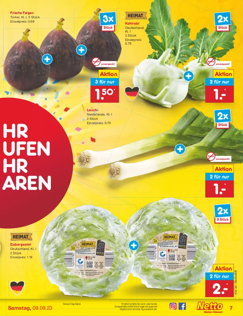 Aktueller Prospekt Netto Marken-Discount - Filial-Angebote - von 04.09 bis 09.09.2023 - strona 7 - produkty: angebot, asti, bestpreis, eis, eisbergsalat, Feigen, kohlrabi, reis, salat, Ti, ZTE