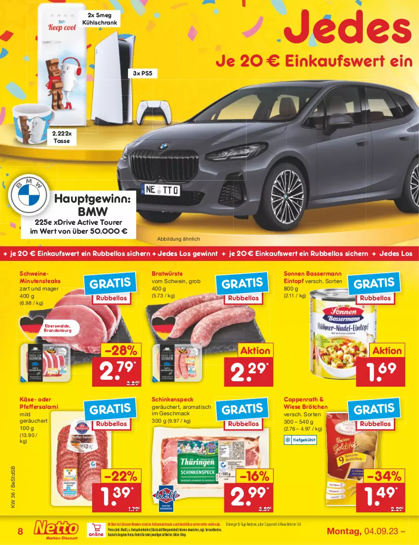 Aktueller Prospekt Netto Marken-Discount - Filial-Angebote - von 04.09 bis 09.09.2023 - strona 8 - produkty: bestpreis, brötchen, coppenrath, eintopf, eis, Käse, kühlschrank, mac, minutensteaks, ndk, pfeffer, reis, salami, schinken, schinkenspeck, Schrank, schwein, schweine, Speck, steak, steaks, tasse, Ti, tisch, topf, wein, weine