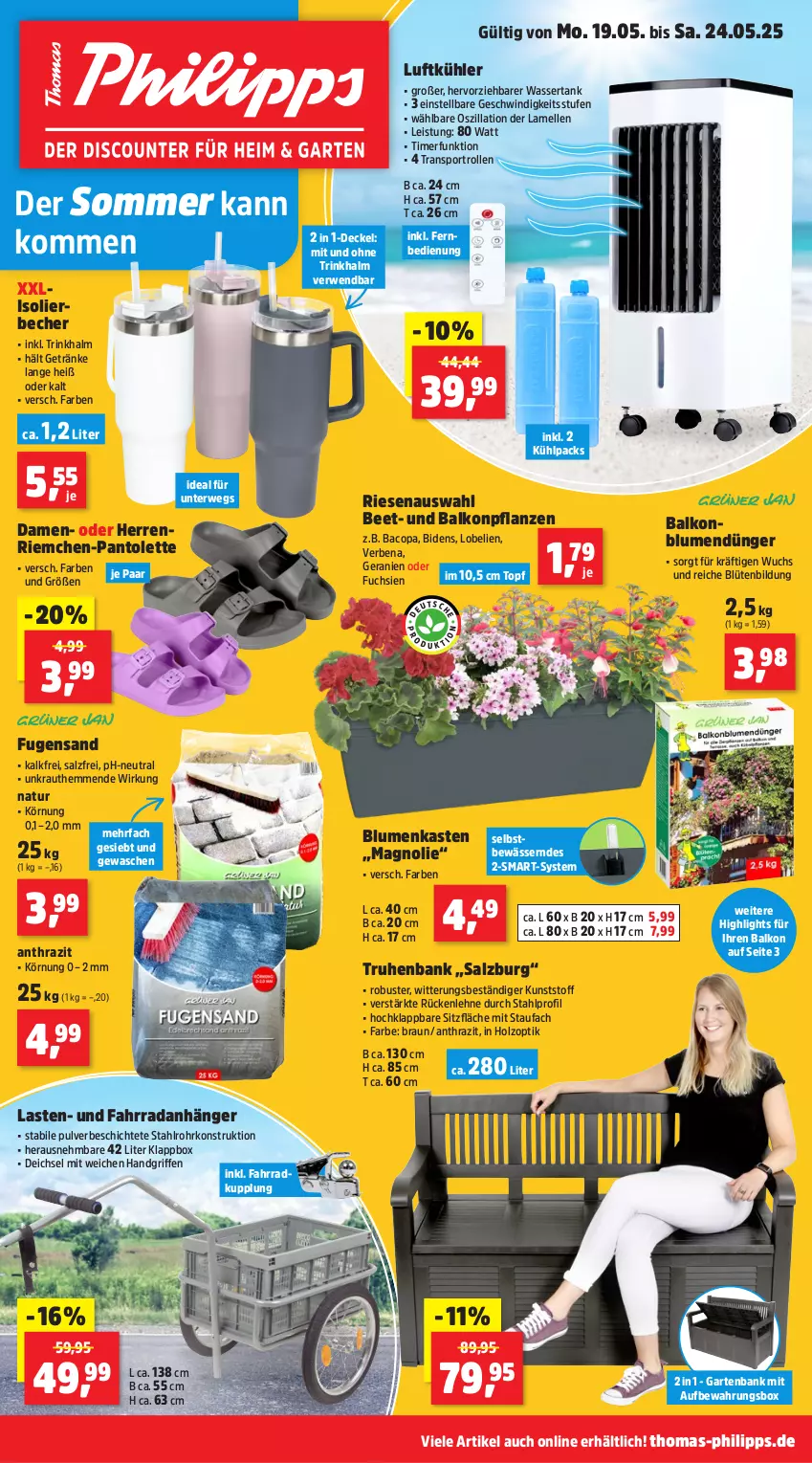Aktueller Prospekt Thomas Philipps - von 19.05 bis 24.05.2025 - strona 1 - produkty: Anhänger, aufbewahrungsbox, balkonpflanzen, Bank, Becher, blume, blumen, Blüte, braun, decke, Deckel, dünger, eis, elle, Fahrrad, fernbedienung, Garten, gartenbank, geranie, geranien, getränk, getränke, Holz, isolierbecher, Klappbox, Kraut, Lobelie, natur, pantolette, pflanze, pflanzen, rückenlehne, rwe, salz, Sport, Ti, timer, topf, wasser, wassertank