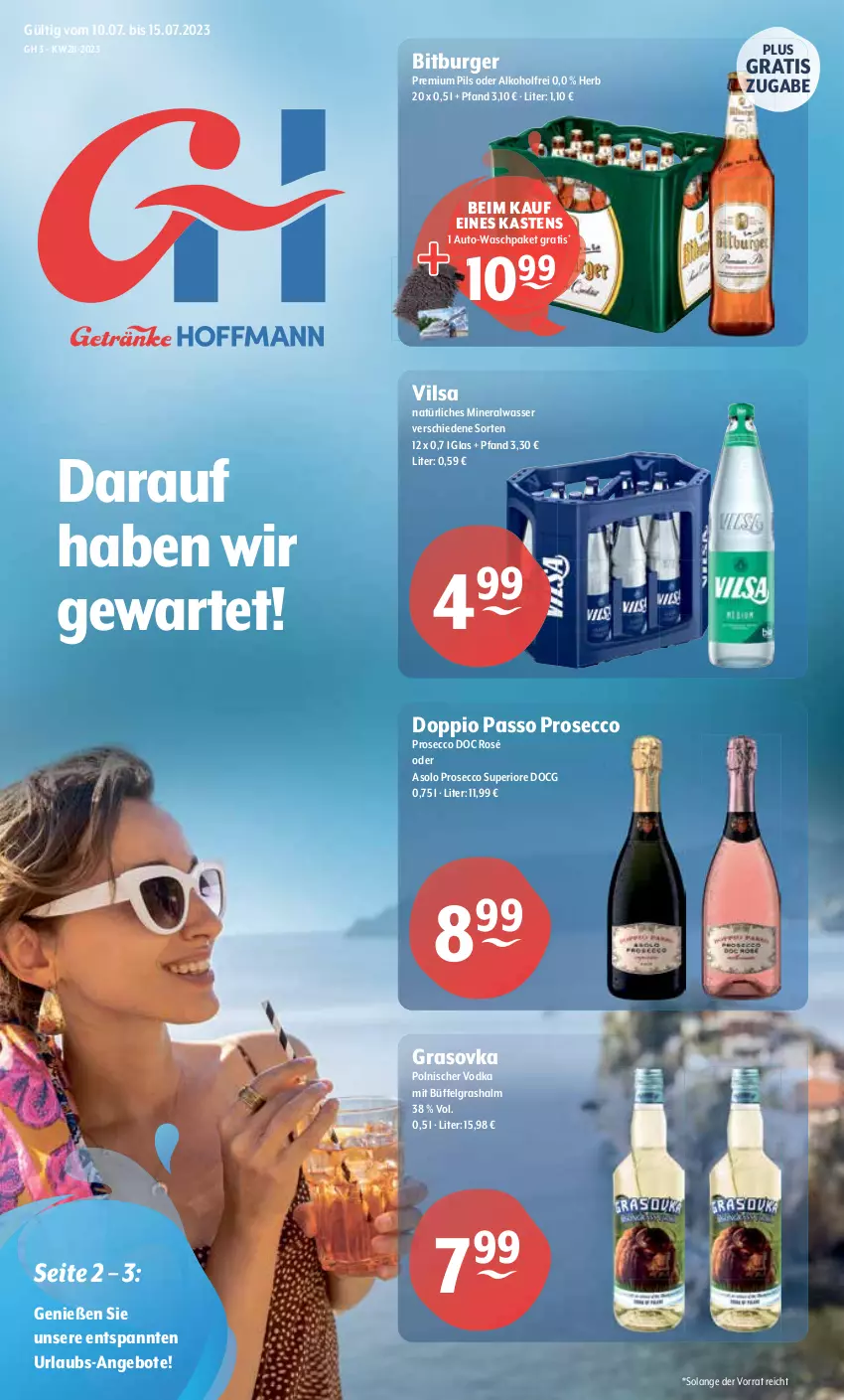 Aktueller Prospekt Getraenke Hoffmann - Prospekte - von 10.07 bis 15.07.2023 - strona 1 - produkty: alkohol, Alwa, angebot, angebote, auto, bitburger, burger, doppio passo, ecco, HP, LG, mineralwasser, natürliches mineralwasser, passo, pils, premium pils, prosecco, Ti, vilsa, vodka, wasser