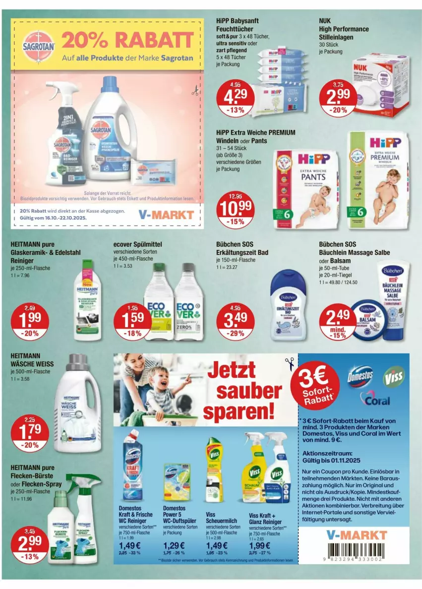 Aktueller Prospekt Vmarkt - Prospekte - von 16.10 bis 22.10.2025 - strona 14 - produkty: Bad, balsam, bio, Brei, bübchen, Coral, coupon, domestos, edelstahl, Erkältungs, feuchttücher, flasche, gin, glaskeramik, heitmann, hipp, kraft, nuk, Pants, Rauch, reiniger, ring, rwe, sofort-rabatt, spülmittel, Ti, tücher, windeln, windeln oder pants