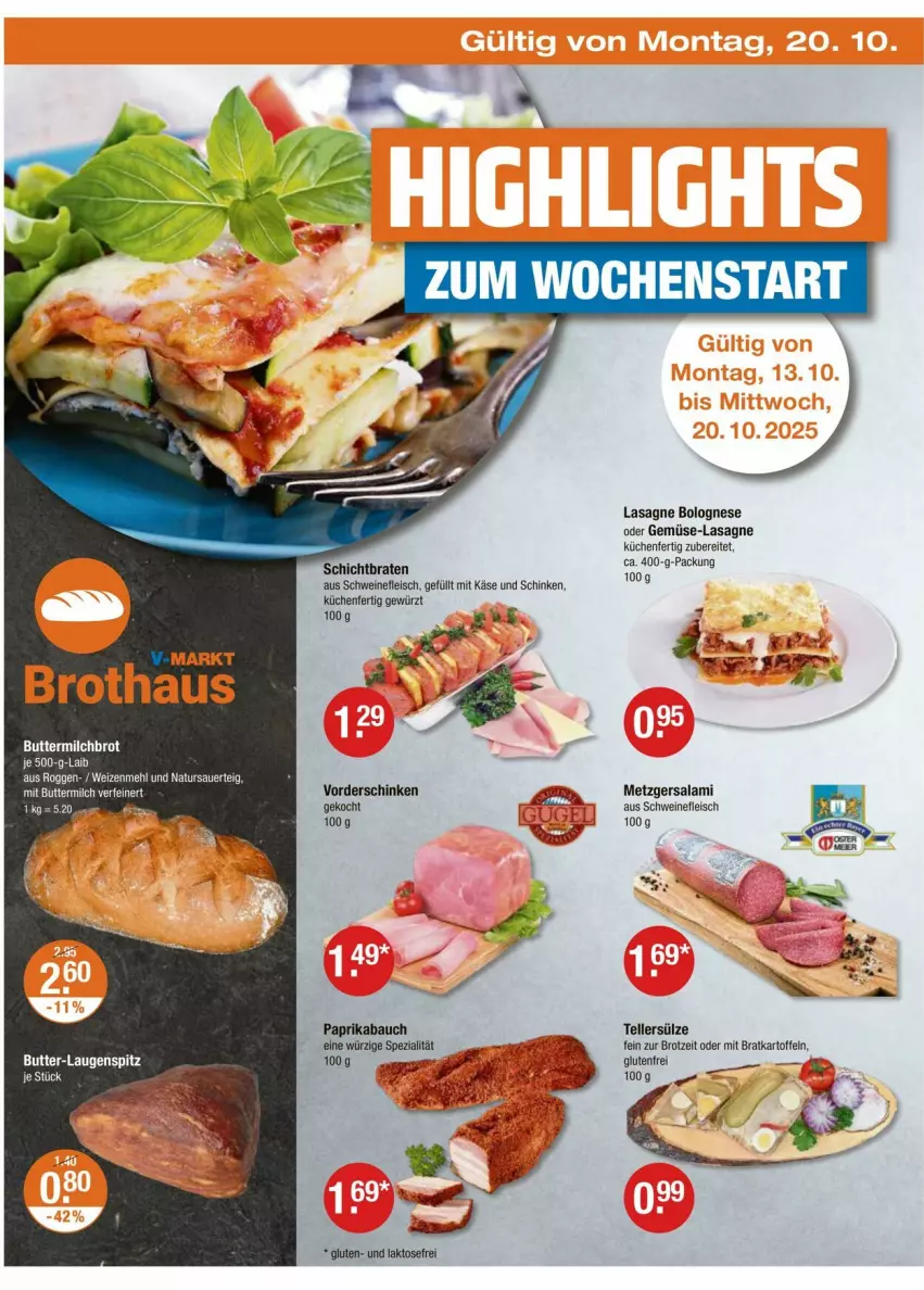 Aktueller Prospekt Vmarkt - Prospekte - von 16.10 bis 22.10.2025 - strona 22 - produkty: auer, Bau, bolognese, braten, brot, butter, buttermilch, eis, elle, fleisch, gewürz, kartoffel, kartoffeln, Käse, küche, Küchen, lasagne, LG, mehl, milch, natur, paprika, salami, schinken, schwein, schweine, schweinefleisch, Spezi, teller, Ti, wein, weine, weizenmehl