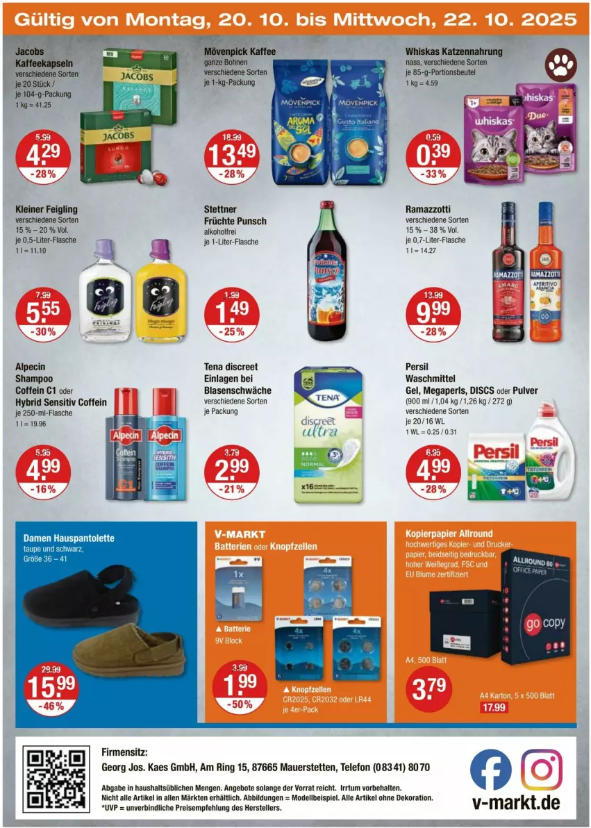 Aktueller Prospekt Vmarkt - Prospekte - von 16.10 bis 22.10.2025 - strona 24 - produkty: alkohol, alle artikel ohne dekoration, alpecin, angebot, angebote, auer, beutel, bohne, bohnen, cin, coffein, dekoration, dell, Discreet, eis, flasche, früchte, Früchte Punsch, jacobs, je 1-liter-flasche, kaes, kaffee, katzennahrung, kleiner feigling, leine, megaperls, Mode, mövenpick, mövenpick kaffee, pantolette, persil, portionsbeutel, rama, ramazzott, ramazzotti, ring, shampoo, telefon, Ti, waschmittel, whiskas, zott