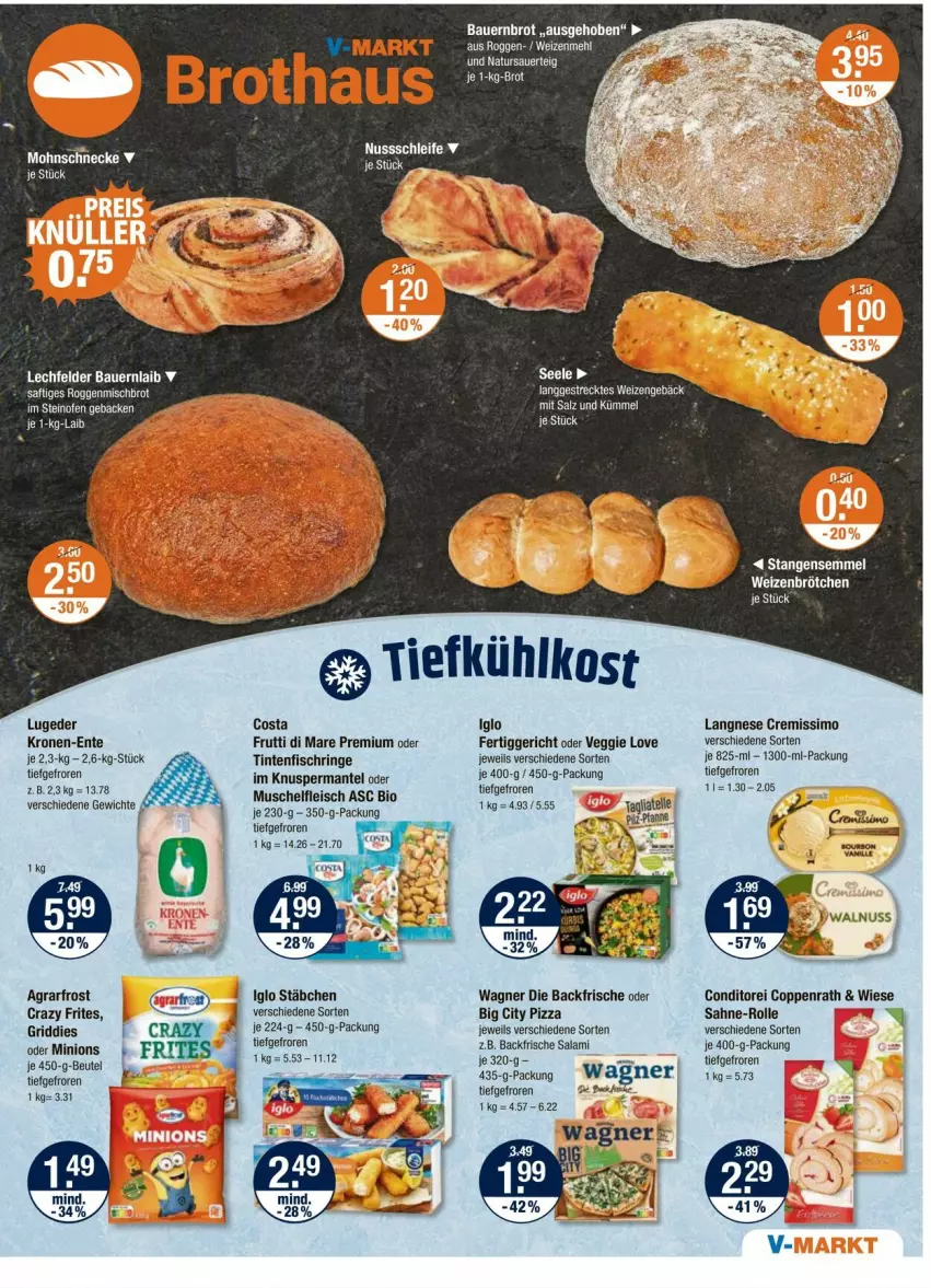Aktueller Prospekt Vmarkt - Prospekte - von 16.10 bis 22.10.2025 - strona 9 - produkty: agrarfrost, auer, Bau, Bauer, beutel, bio, brot, brötchen, coppenrath, Crazy Frites, cremissimo, eis, elle, ente, fertiggericht, fisch, fleisch, frutti di mare, Griddies, iglo, je 1-kg-brot, krone, langnese, langnese cremissimo, Mantel, mehl, natur, nerf, nuss, pizza, ring, saft, sahne, salami, Semmel, sim, Ti, tiefkühlkost, Tintenfischringe, veggie, Veggie Love, wagner, weizenbrötchen, weizenmehl