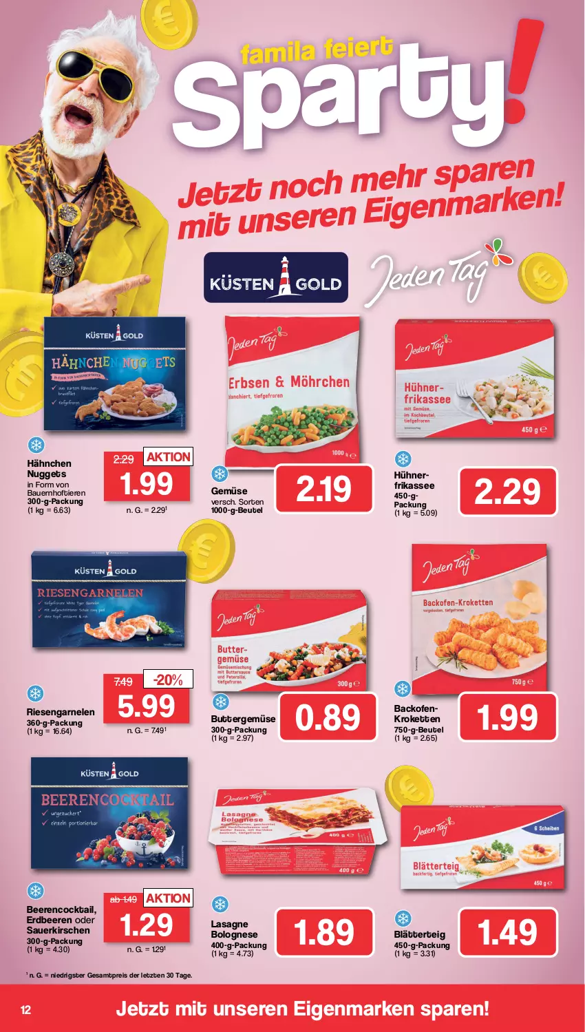 Aktueller Prospekt Famila - Prospekte - von 15.01 bis 20.01.2024 - strona 12 - produkty: auer, backofen, Bau, Bauer, beere, beeren, beutel, blätterteig, bolognese, butter, cocktail, eis, erdbeere, erdbeeren, garnelen, hühner, Kette, kirsch, kirsche, kirschen, Kroketten, lasagne, nuggets, Ofen, reis, riesengarnelen, sauerkirschen, Ti, Tiere, ZTE