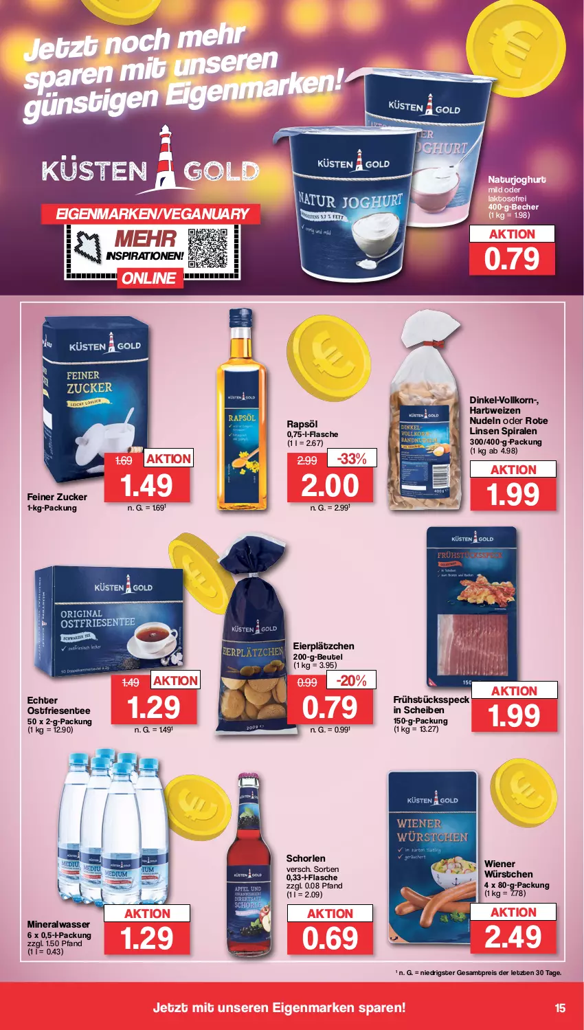 Aktueller Prospekt Famila - Prospekte - von 15.01 bis 20.01.2024 - strona 15 - produkty: Alwa, Becher, beutel, eier, eis, ente, flasche, Frühstücksspeck, hartweizen, joghur, joghurt, joghurt mild, korn, Lätzche, linsen, mineralwasser, natur, naturjoghurt, nudel, nudeln, rapsöl, reis, Rote Linsen, schorle, Speck, tee, Ti, wasser, wiener, wiener würstchen, würstchen, ZTE, zucker