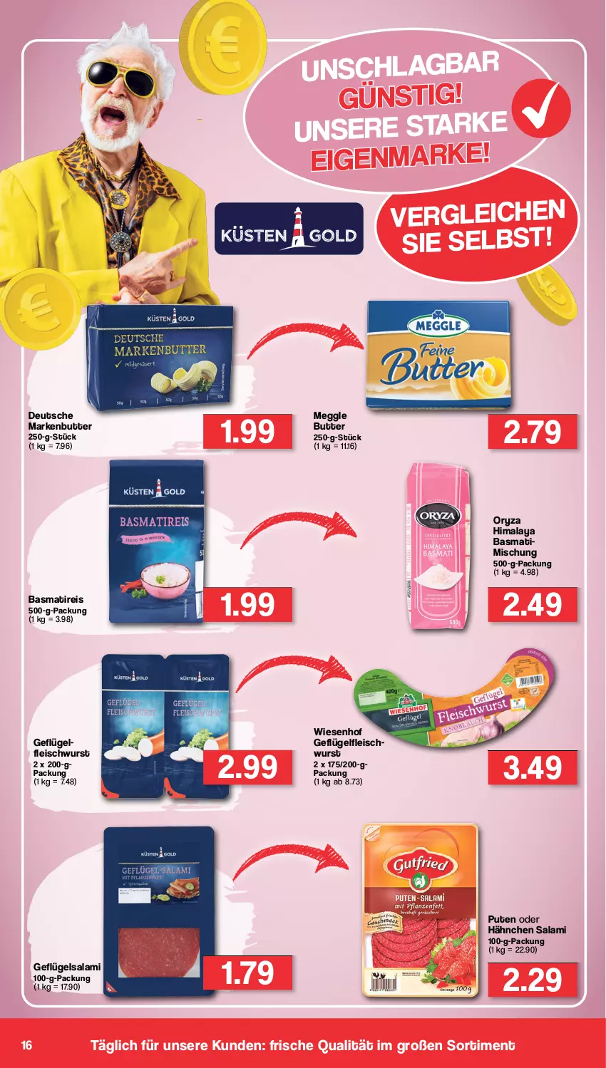 Aktueller Prospekt Famila - Prospekte - von 15.01 bis 20.01.2024 - strona 16 - produkty: basmati, butter, eis, fleisch, fleischwurst, Geflügel, markenbutter, meggle, oryza, pute, reis, salami, Ti, wiesenhof, wurst