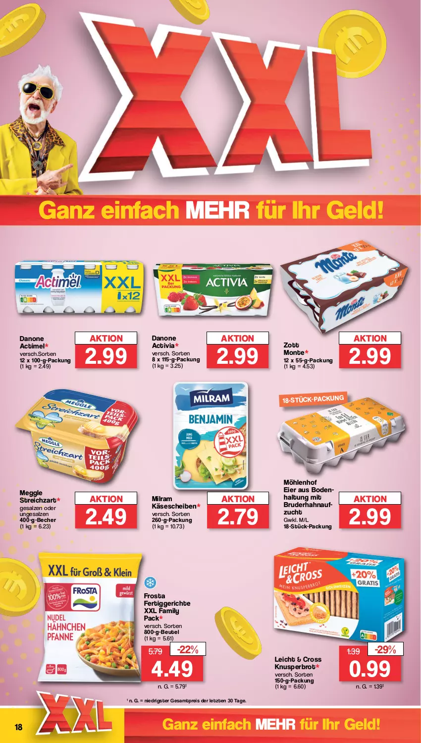 Aktueller Prospekt Famila - Prospekte - von 15.01 bis 20.01.2024 - strona 18 - produkty: actimel, activia, Becher, beutel, brot, danone, danone activia, eier, eis, fertiggericht, fertiggerichte, frosta, Käse, käsescheiben, meggle, milram, monte, reis, salz, Streichzart, Ti, zott, Zott Monte, ZTE