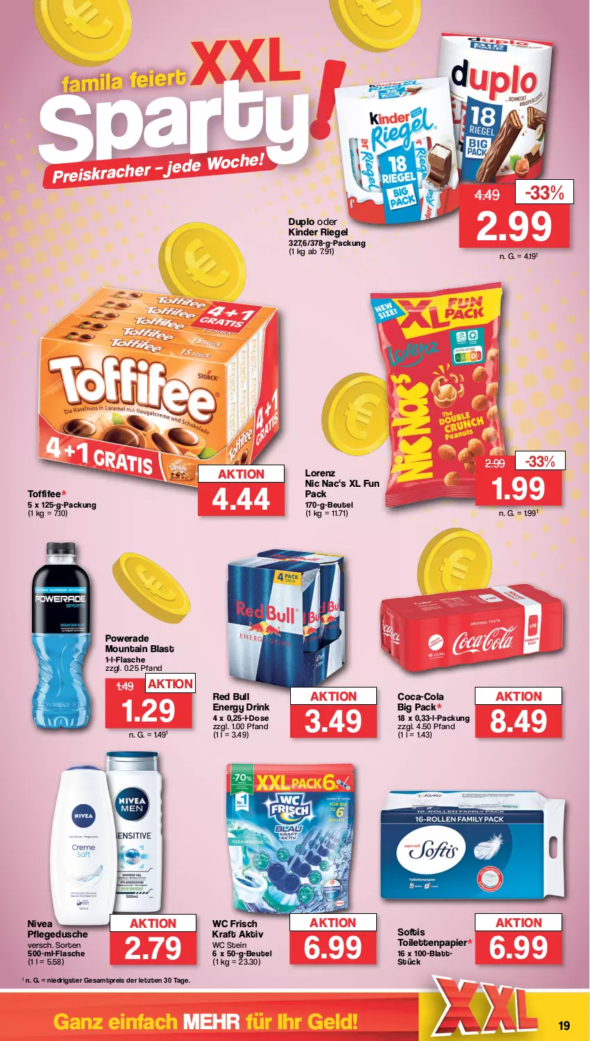 Aktueller Prospekt Famila - Prospekte - von 15.01 bis 20.01.2024 - strona 19 - produkty: beutel, coca-cola, cola, drink, duplo, dusche, eis, energy drink, flasche, Kinder, kinder riegel, kracher, kraft, lorenz, nivea, papier, pflegedusche, red bull, reis, riegel, Ti, toffifee, toilettenpapier, wc frisch, WC Frisch Kraft Aktiv, ZTE