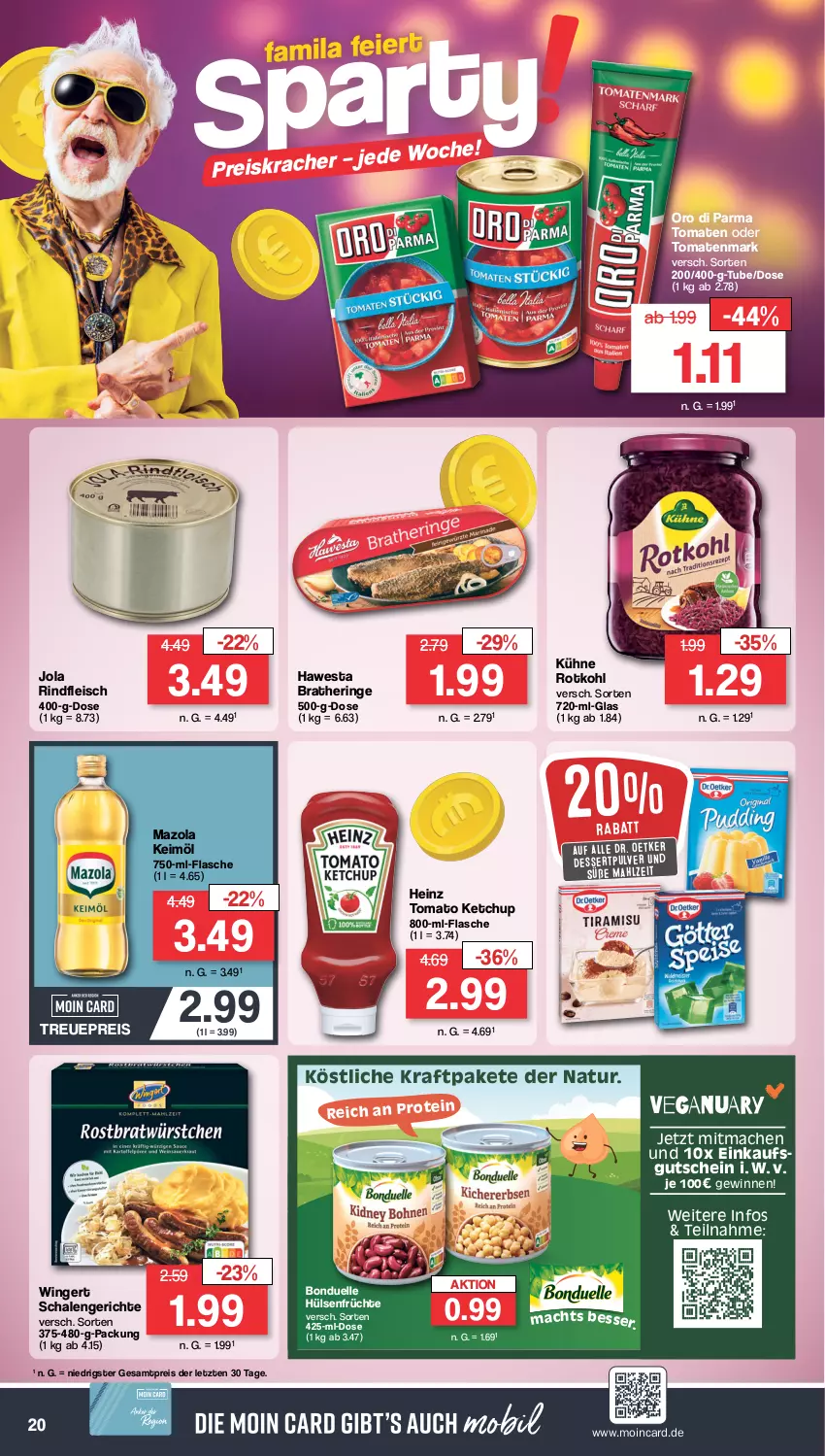 Aktueller Prospekt Famila - Prospekte - von 15.01 bis 20.01.2024 - strona 20 - produkty: bonduelle, Bratheringe, dessert, Dr. Oetker, eis, elle, flasche, fleisch, früchte, gutschein, hawesta, heinz, hering, hülsenfrüchte, keimöl, ketchup, kracher, kraft, Kühne, mac, mazola, natur, oro di parma, reis, rind, rindfleisch, ring, rotkohl, Schal, Schale, senf, Ti, tomate, tomaten, tomatenmark, tomato ketchup, ZTE