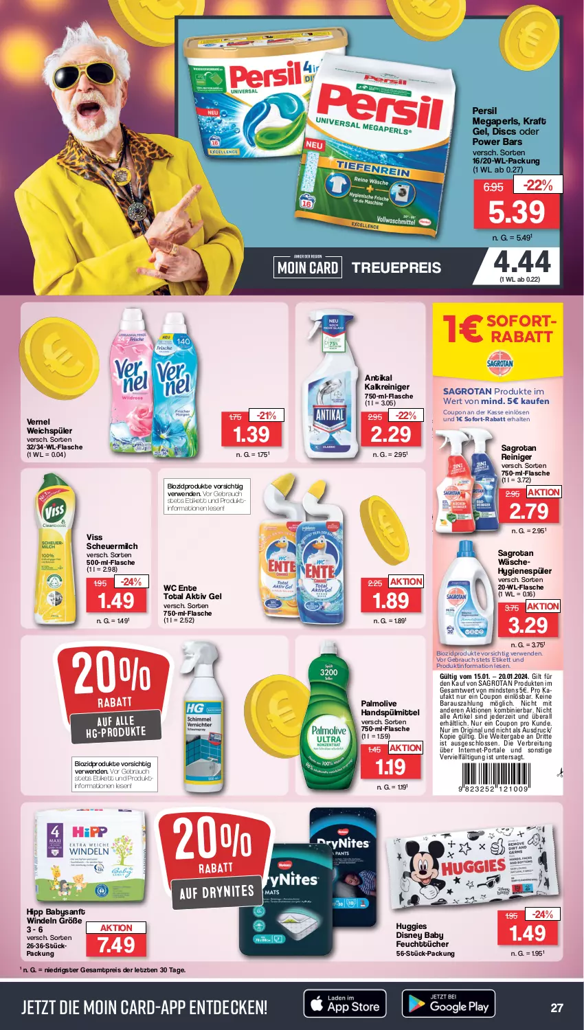 Aktueller Prospekt Famila - Prospekte - von 15.01 bis 20.01.2024 - strona 27 - produkty: aktiv gel, bio, biozidprodukte, Brei, coupon, decke, disney, DryNites, eis, ente, feuchttücher, flasche, gin, Heu, hipp, Huggies, hygienespüler, Kalkreiniger, kraft, megaperls, milch, olive, palmolive, persil, Rauch, reiniger, reis, rwe, sagrotan, scheuermilch, sofort-rabatt, sofortrabatt, spülmittel, Ti, tücher, vernel, wc ente, weichspüler, windeln, ZTE