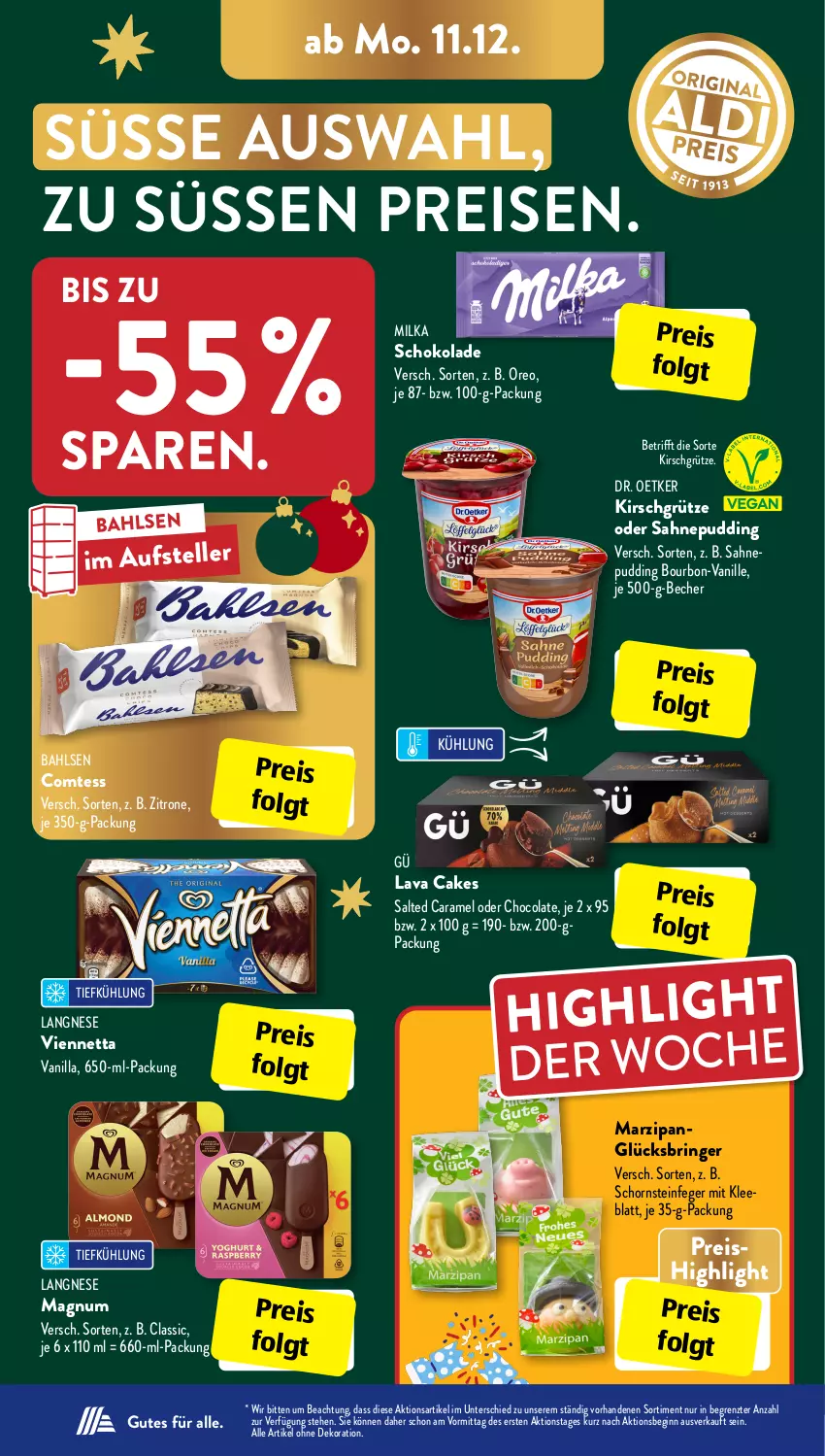 Aktueller Prospekt AldiSud - IN ZWEI WOCHEN - von 11.12 bis 16.12.2023 - strona 11 - produkty: alle artikel ohne dekoration, bahlsen, Becher, bourbon, caramel, cola, comtess, dekoration, Dr. Oetker, eis, elle, gin, grütze, kirsch, Kirschgrütze, langnese, LG, magnum, marzipan, milka, milka schokolade, oreo, pudding, reis, ring, sahne, schoko, schokolade, Schornsteinfeger, teller, Ti, vanille, viennetta, zitrone, ZTE