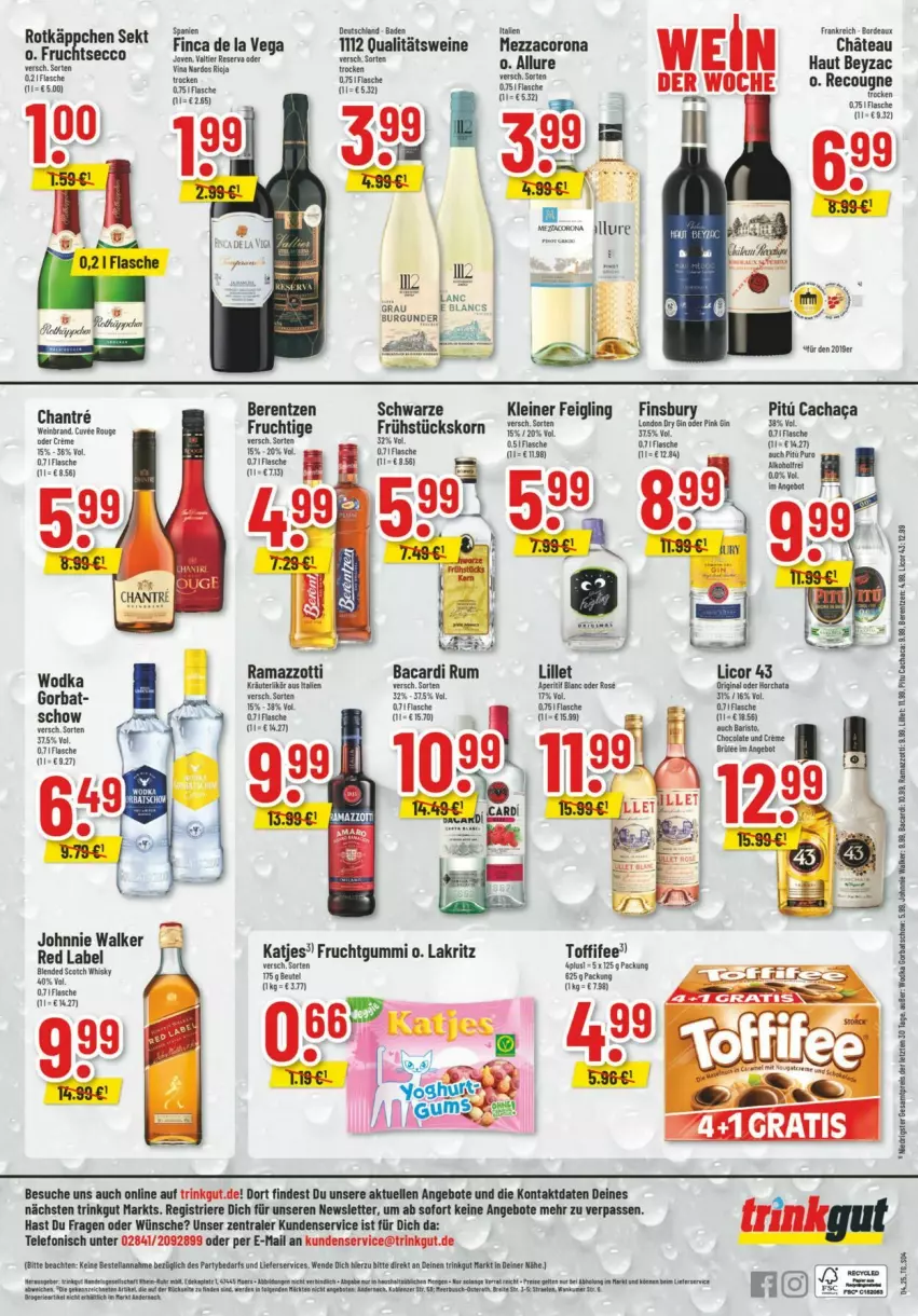 Aktueller Prospekt Trinkgut - Prospekte - von 19.01 bis 25.01.2025 - strona 4 - produkty: angebot, angebote, aperitif, bacardi, bacardi rum, berentzen, burgunder, corona, ecco, elle, finsbury, fisch, fische, flasche, frucht, fruchtgummi, gin, johnnie walker, katjes, kleiner feigling, korn, Lakritz, leine, licor, licor 43, lillet, qualitätswein, qualitätsweine, rel, rum, scotch, sekt, telefon, Ti, toffifee, wein, weine, wodka