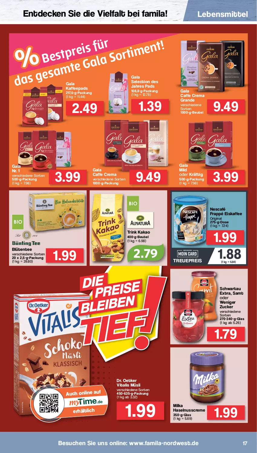 Aktueller Prospekt Famila - Prospekte - von 04.07 bis 09.07.2022 - strona 17 - produkty: beutel, Blüte, caffe, creme, decke, Dr. Oetker, eis, eiskaffee, ente, frappé, gin, haselnuss, Haselnusscreme, kaffee, kaffeepads, kakao, lebensmittel, milka, müsli, Nescafé, nuss, reis, Schwartau, tee, Ti, vita, vitalis, vitalis müsli, zucker