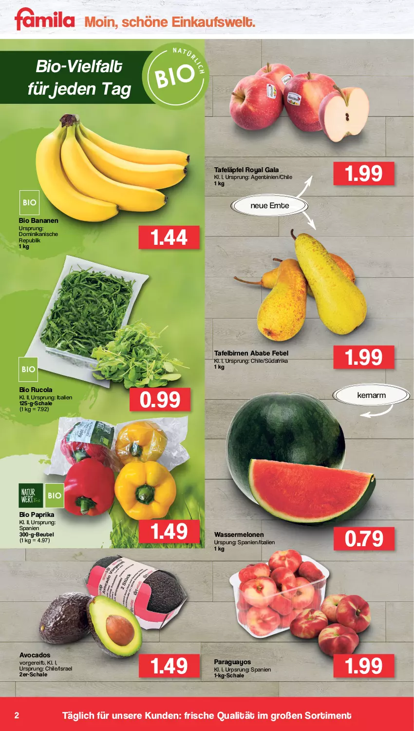 Aktueller Prospekt Famila - Prospekte - von 04.07 bis 09.07.2022 - strona 2 - produkty: avocado, avocados, banane, bananen, beutel, bio, Birnen, cola, melone, melonen, paprika, paraguayos, rucola, Schal, Schale, tafeläpfel, tafelbirnen, Ti, wasser, wassermelone, wassermelonen, Yo