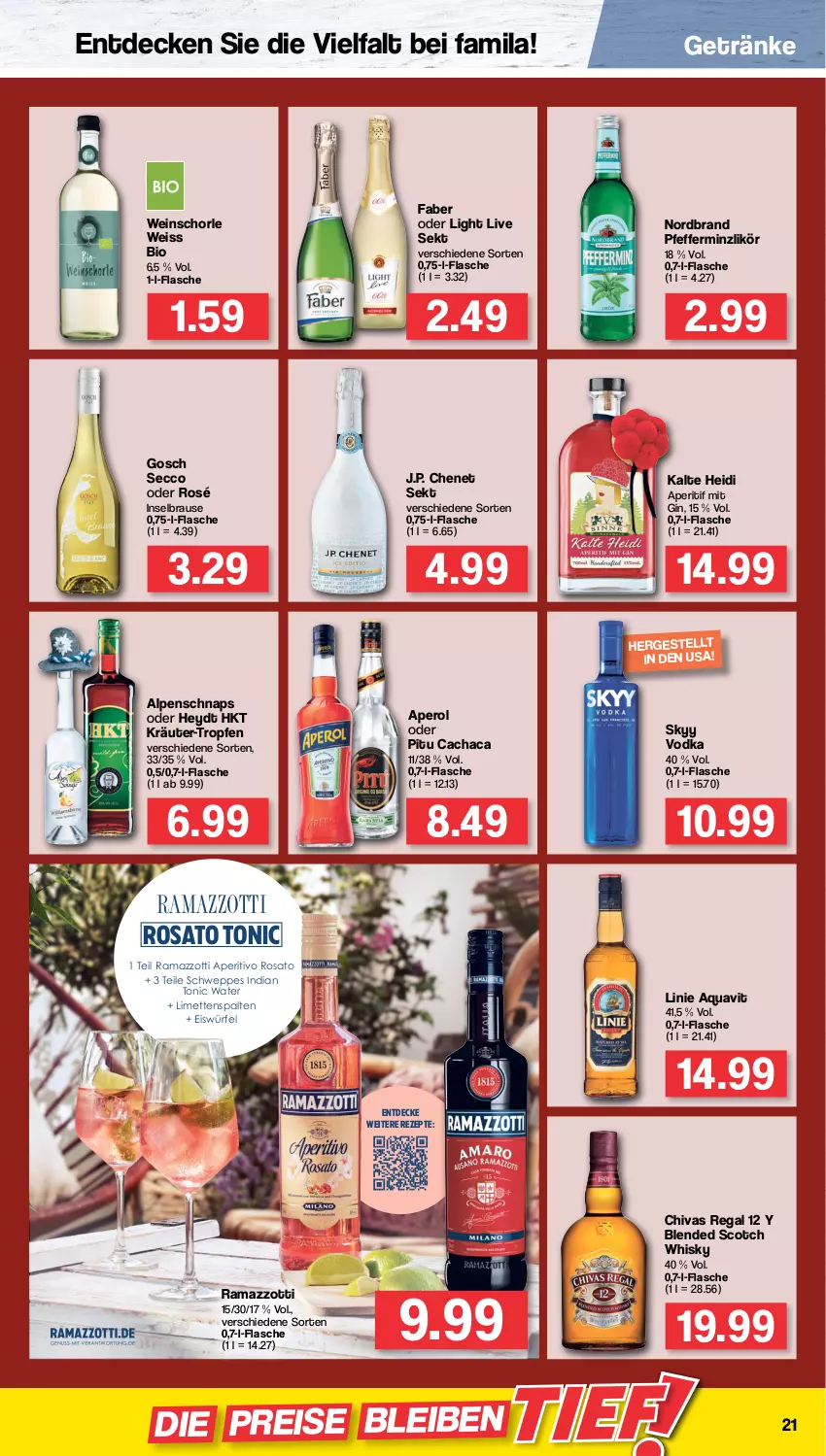 Aktueller Prospekt Famila - Prospekte - von 04.07 bis 09.07.2022 - strona 21 - produkty: aperitif, aperitivo rosato, aperol, aqua, aquavit, bio, blended scotch, blended scotch whisky, brause, Cachaca, decke, ecco, eis, eiswürfel, flasche, getränk, getränke, gin, J.P. Chenet, kräuter, likör, limette, limetten, Mett, metten, nordbrand, pfeffer, pfefferminzlikör, rama, ramazzott, ramazzotti, regal, reis, rezept, rezepte, rosato, schorle, schweppes, scotch, scotch whisky, sekt, skyy, Skyy Vodka, Ti, tonic, tonic water, vodka, wein, weinschorle, whisky, würfel, zott