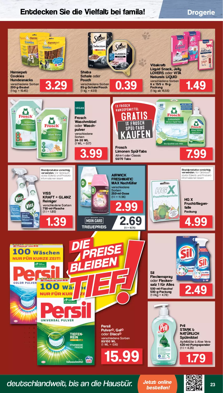 Aktueller Prospekt Famila - Prospekte - von 04.07 bis 09.07.2022 - strona 23 - produkty: airwick, aloe vera, apfel, aust, beutel, bio, biozidprodukte, Blüte, cookie, cookies, decke, eis, elle, flasche, Frosch, frucht, HP, hundesnack, hundesnacks, kraft, Liege, limo, limonen, natur, natura, persil, pril, Rauch, reiniger, reis, rwe, salz, Schal, Schale, sheba, snack, snacks, spülmittel, Ti, vita, vitakraft, waschmittel, Waschpulver, WICK